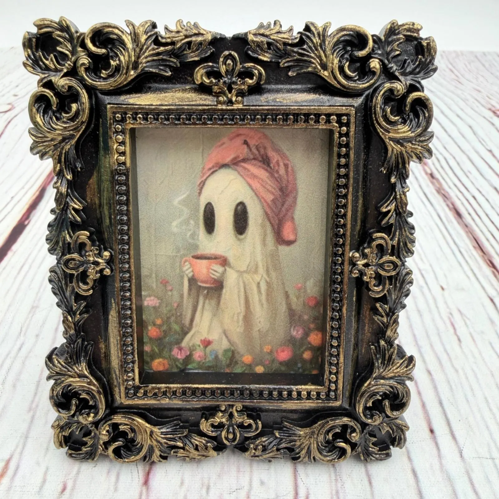 Handmade Ghost Tea Decoupage Art Ornate Gold Black Resin Frame