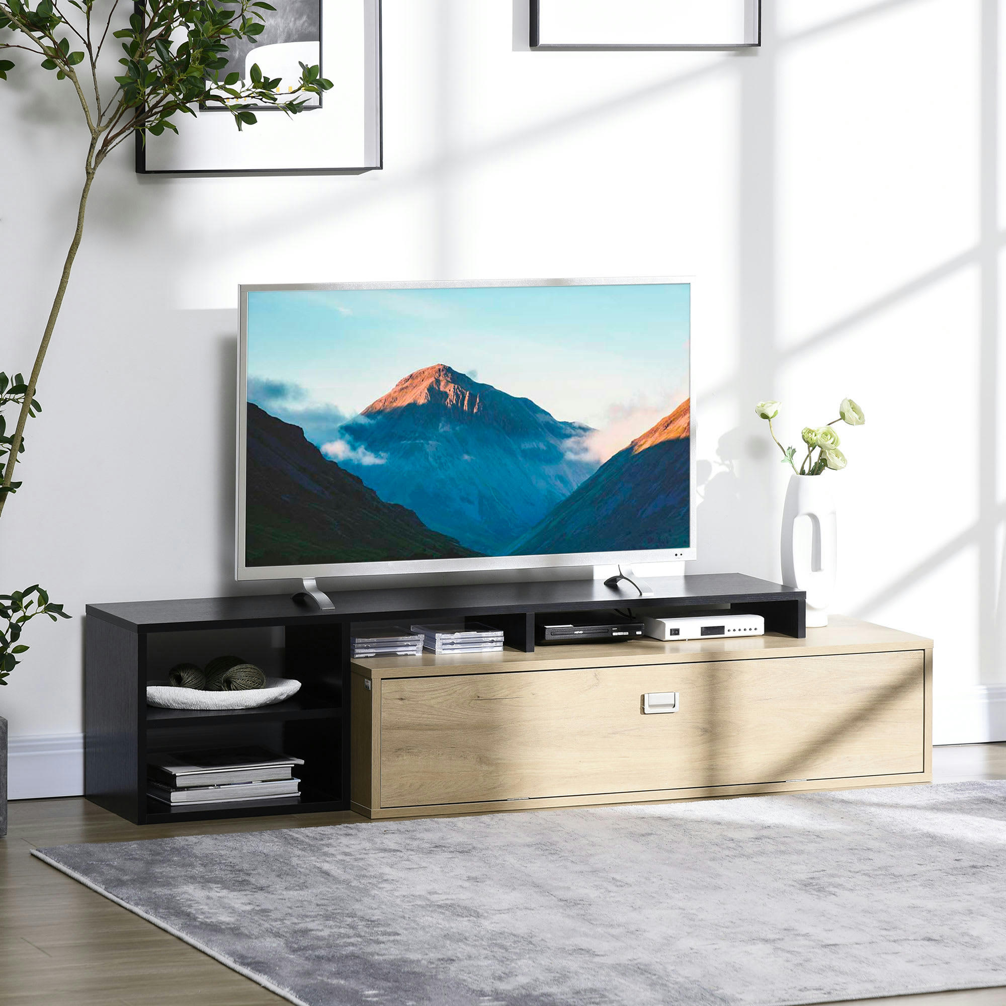 - Meuble TV réversible design contemporain aspect chêne clair noir