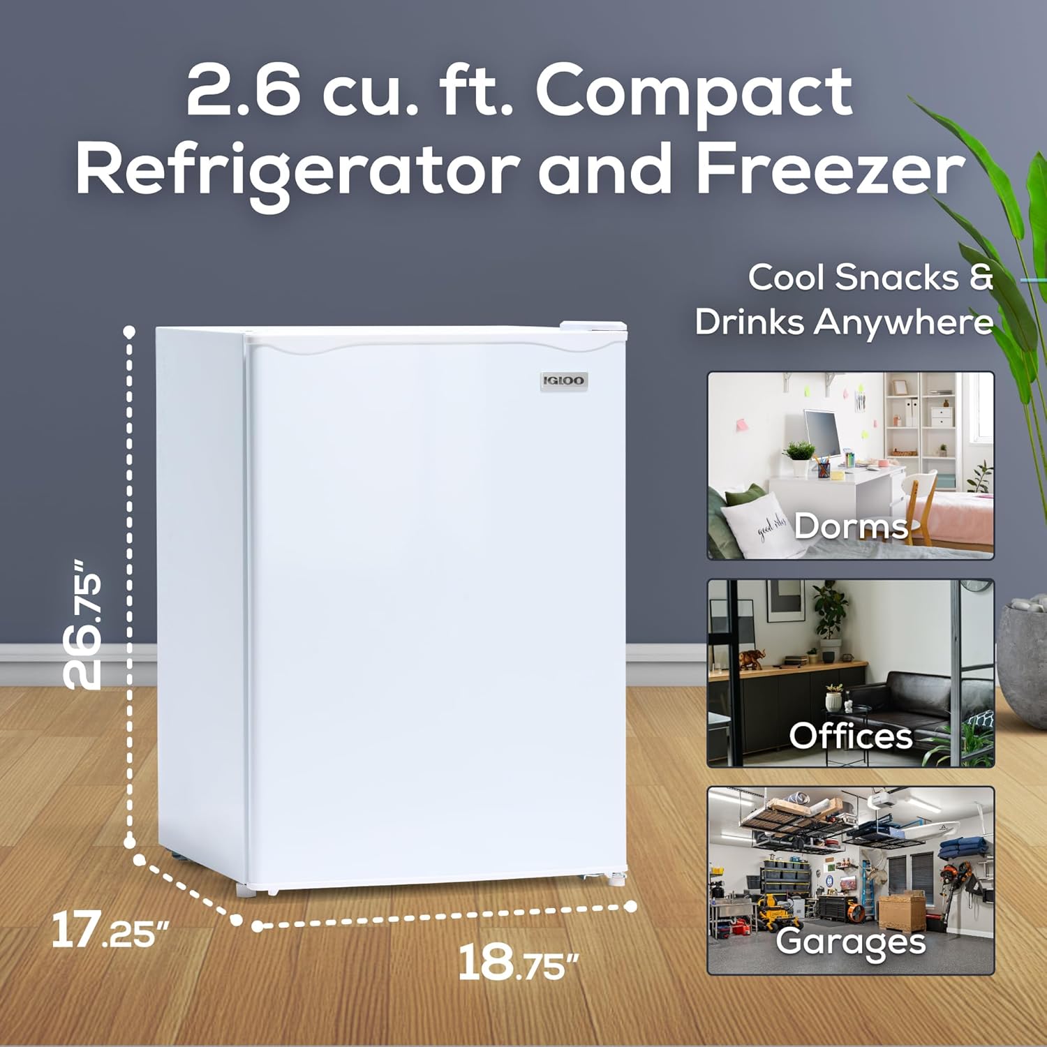 Igloo 2.6 Cu.Ft Mini Fridge with Freezer- Single Door Compact Refrigerator with Glass Shelves for Homes, Dorms & Offices- Keep Snacks, Drinks & Frozen Foods Cool with Temperature Control Fridge- White