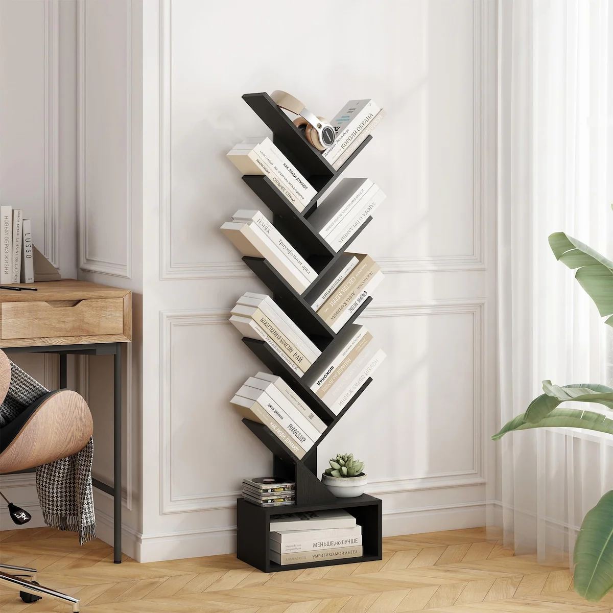 9 Tier Tree Bookshelf with Drawer Bookcase, Floor Standing Book Storage Rack, Tall Bookshelf for CDs/Books/Movies