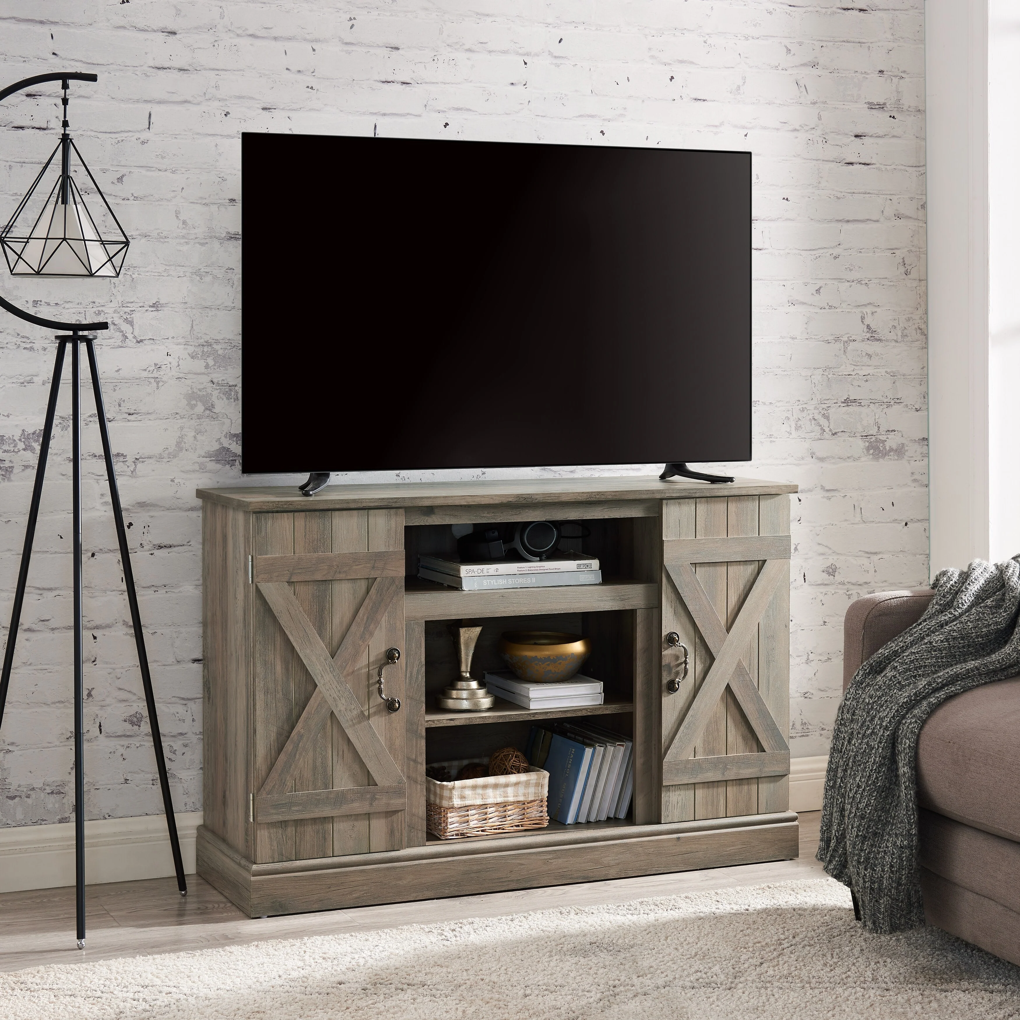 Gray Wash 47 Farmhouse TV Stand with Open/Closed Storage for TVs Up to 50