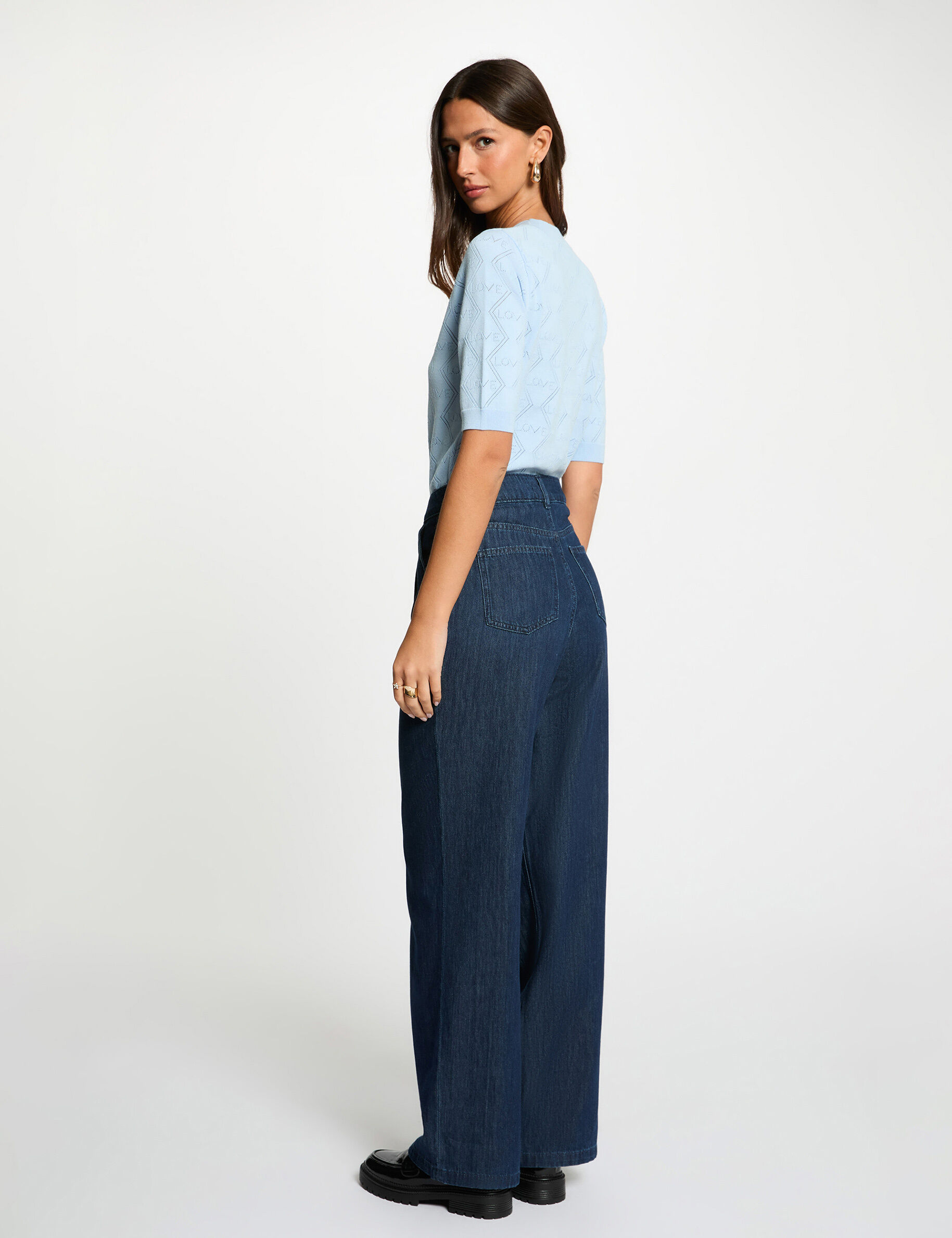 3/4 Sleeve Openwork Sweater Sky Blue Women