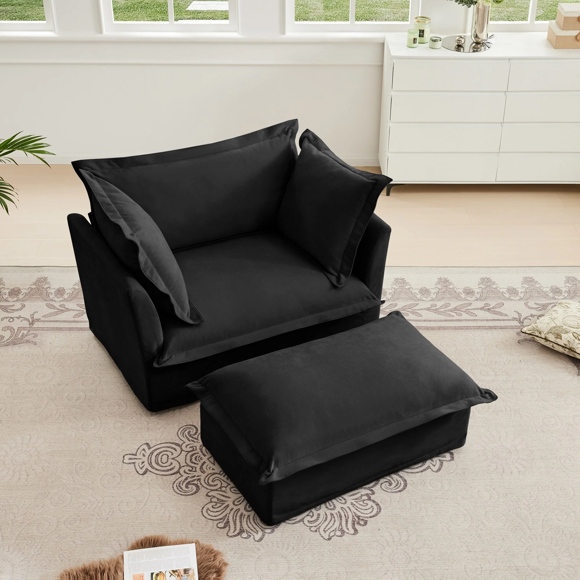 Upholstered Slipcovered Armchair with Ottoman, Deep Seat Armchair W/ Wide Ottoman for Living Room