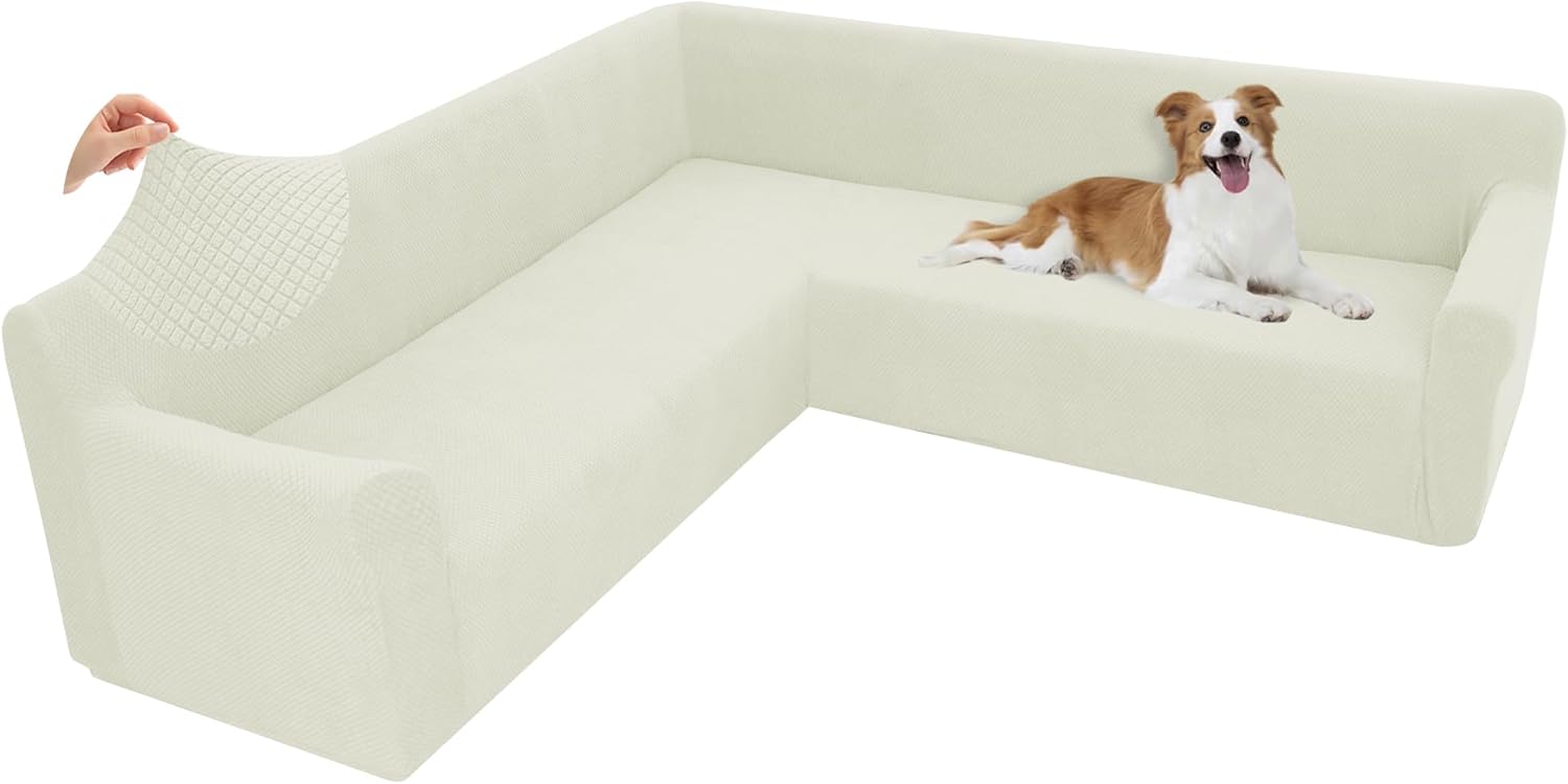Arfntevss Stretch Sectional Couch Covers L Shaped Corner Sectional Sofa Cover Washable Jacquard Soft Fleece U Shape Sofa Slipcovers Anti Slip Furniture Protector for Dogs Pets (X-Large, Cream)