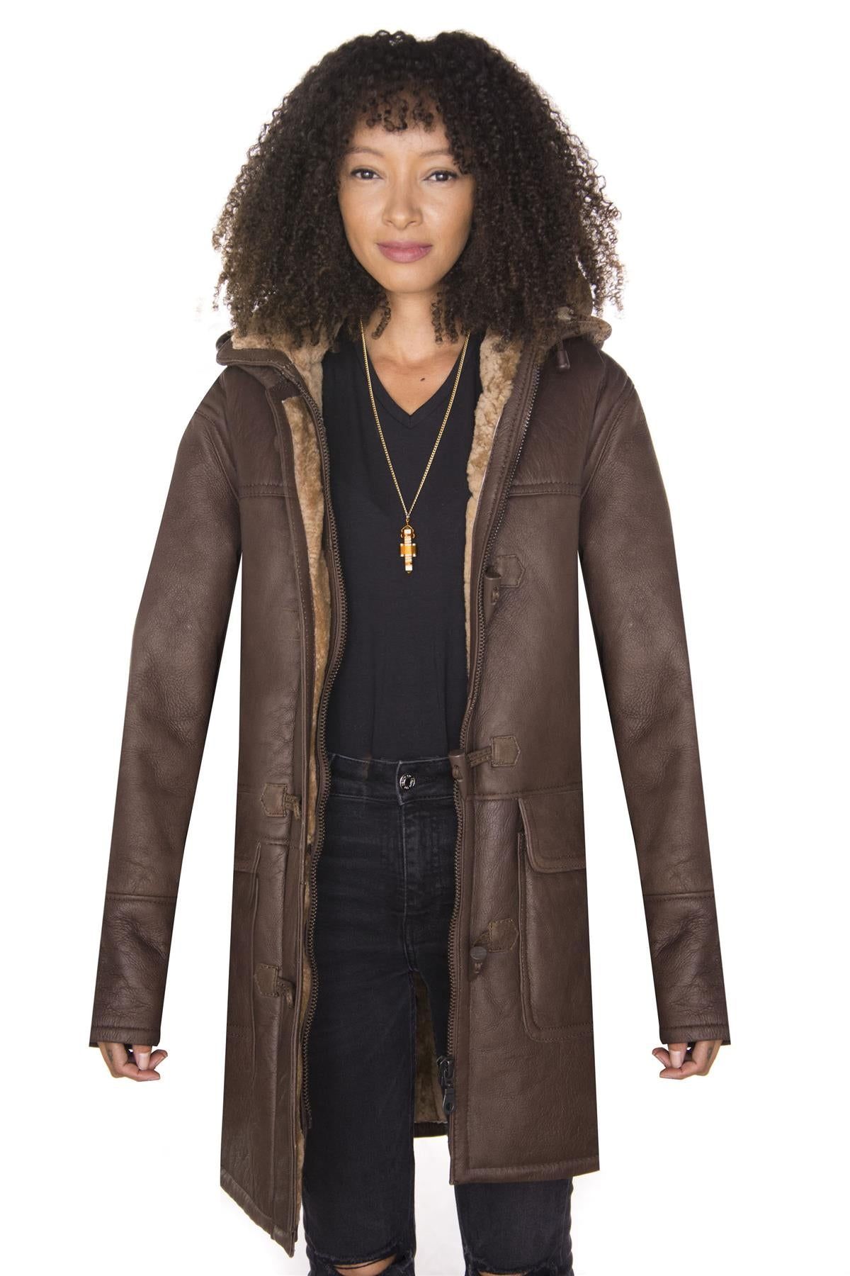 Infinity Leather Hooded Sheepskin Leather Duffle Coat-Rugby
