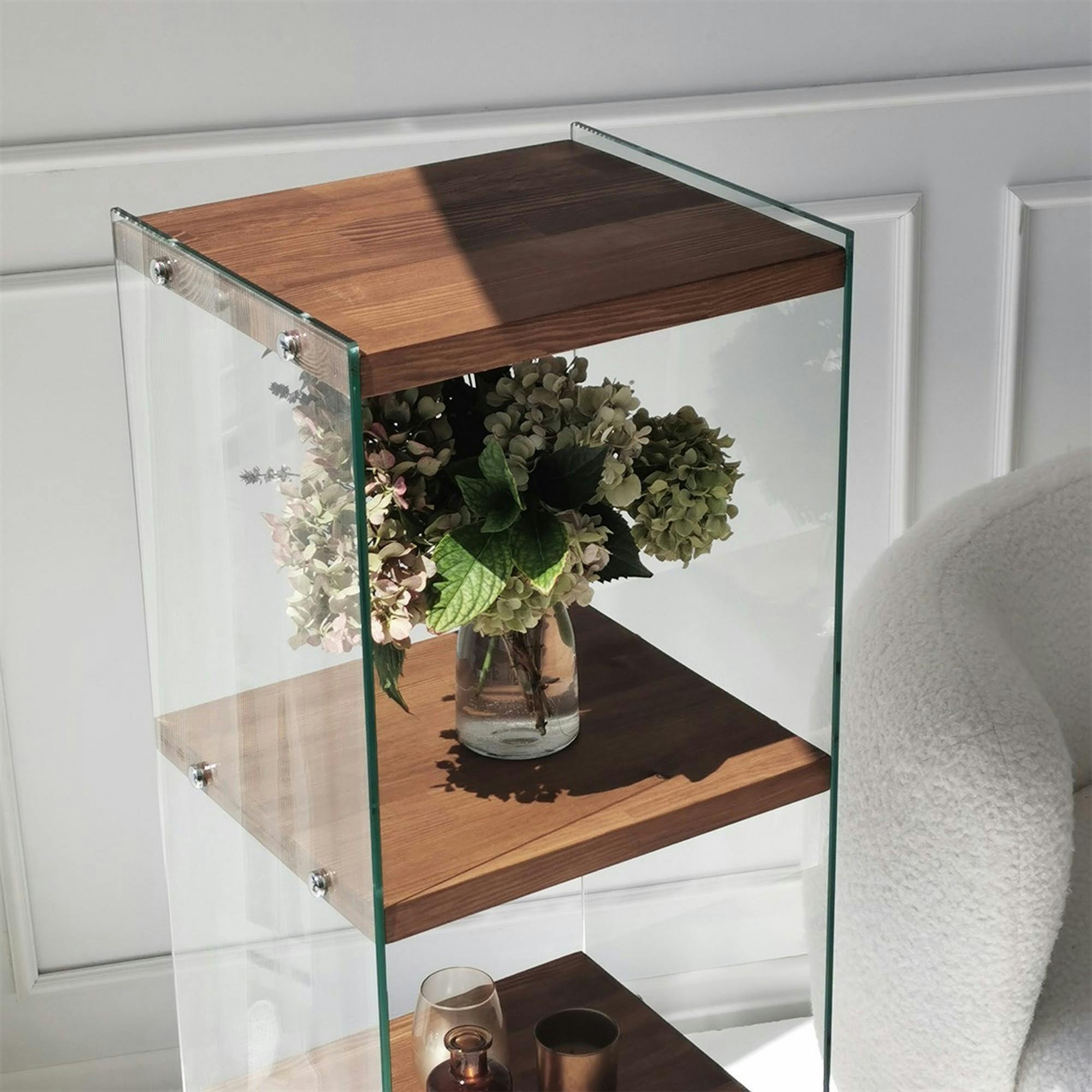 Colonne vitrine design - bois marron, 4 plateaux LHASA