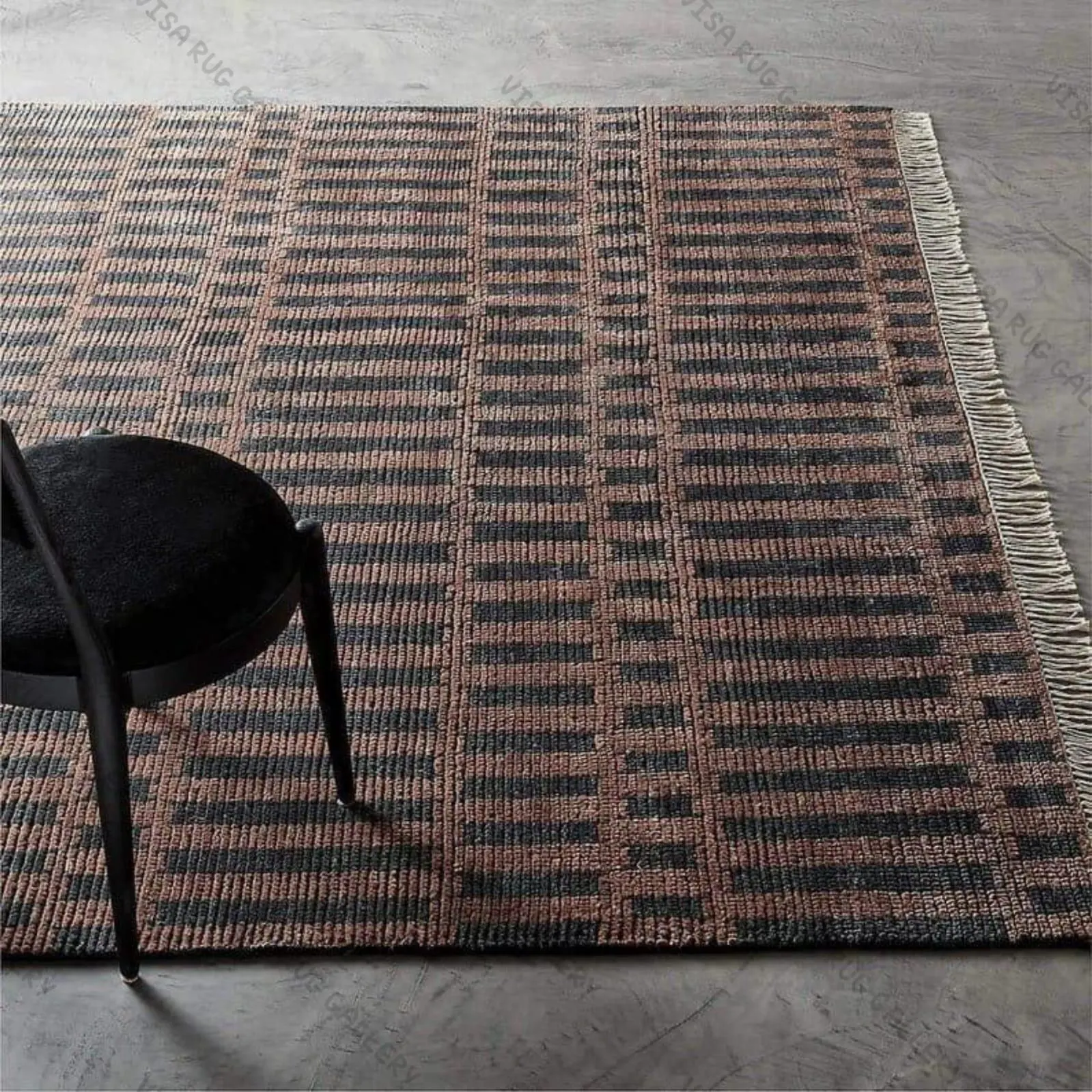 Hand Knotted Oushak Wool Rug | Modern Brown Black striped Minimalist Area Carpet for Living Room & Bedroom Decor Large Area Rug