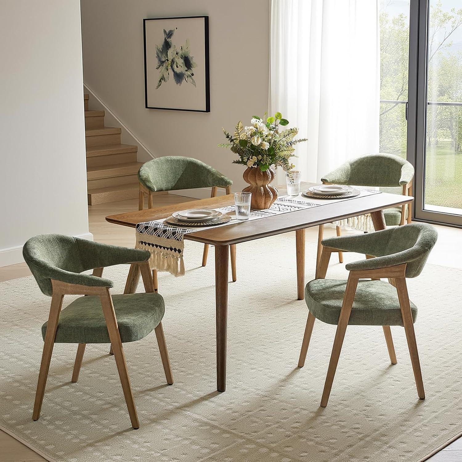 HULALA HOME Mid-Century Modern Dining Chairs Set of 4, Green Wooden Upholstered Kitchen Chairs with Armrest, Curved Backtrst & Wood Legs Armchairs Accent Chairs for Dining Living Room - Moss
