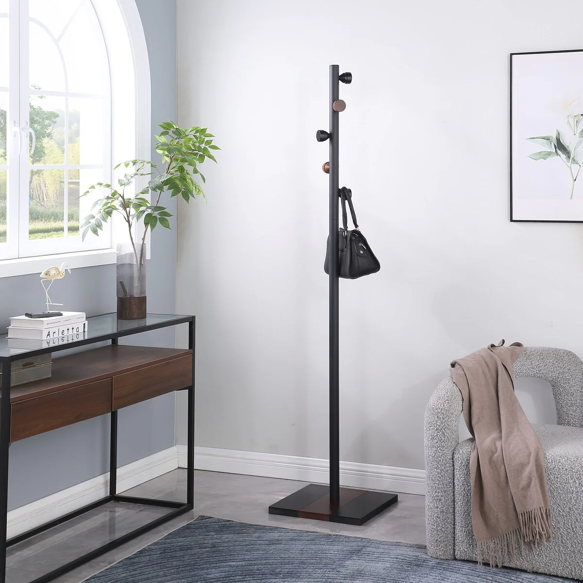 Proman Products Ichimi Indoor Freestanding Coat Rack with 5 Hooks for Entryway, Bedroom, Hallway, Living Room, Office (Black)