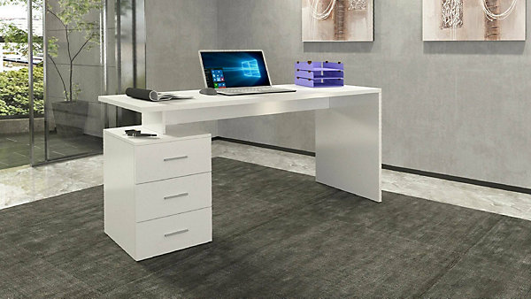 Dmora Bureau Siro 160x60x75h cm Blanc Brillant Modulable 3 Tiroirs, étagères Fabriqué en Italie