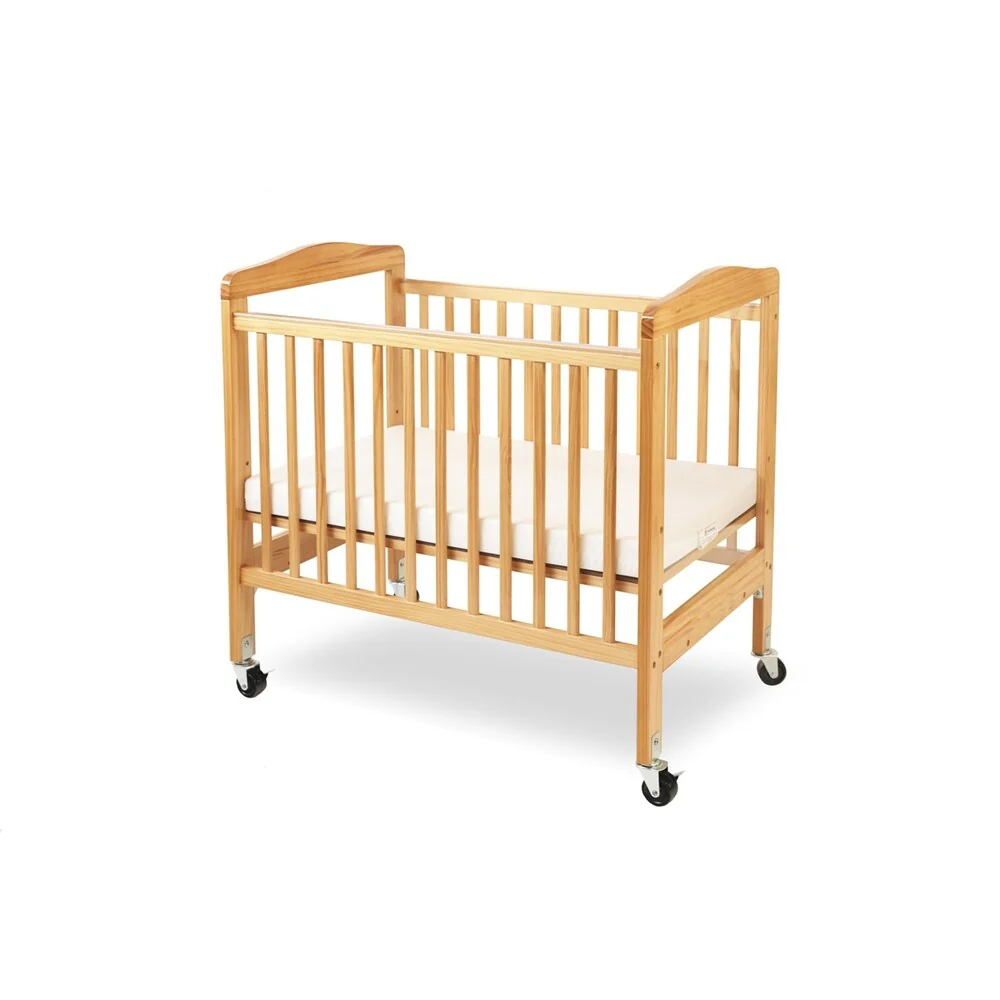 Slatted Wooden Crib with Casters and Acrylic Inserts, Brown and Clear