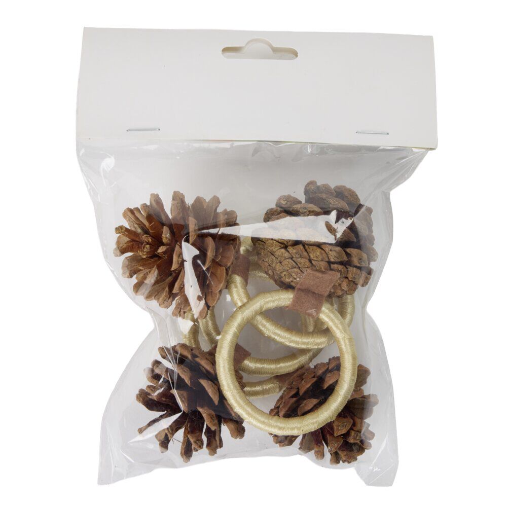 Rond de serviette X4 pcs forme pomme de pin bois et polyester L6X6XH12 cm coloris naturel