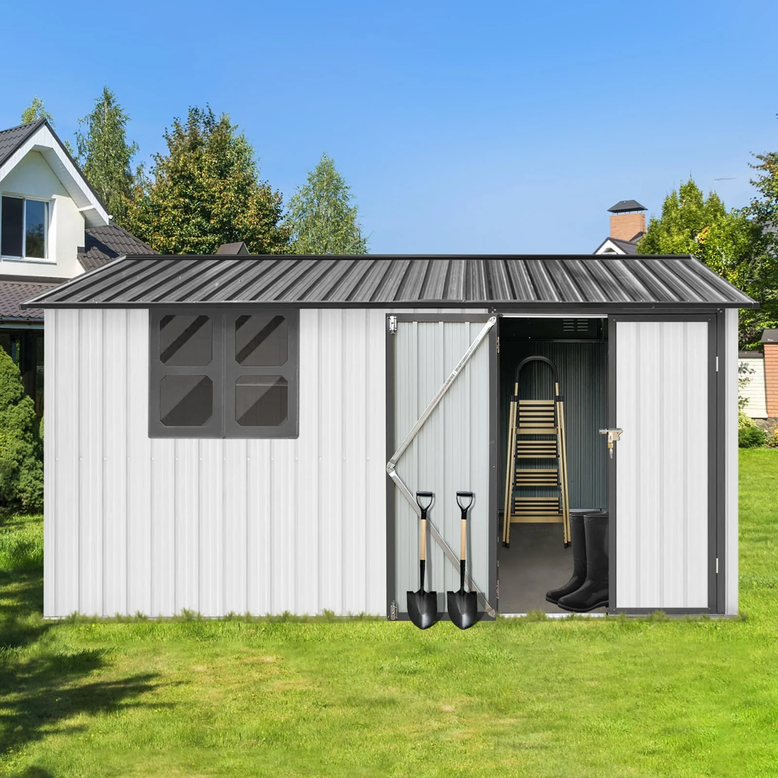 GDFStudio - Metal Garden Shed 12ft x 10ft Outdoor Storage Shed with Window