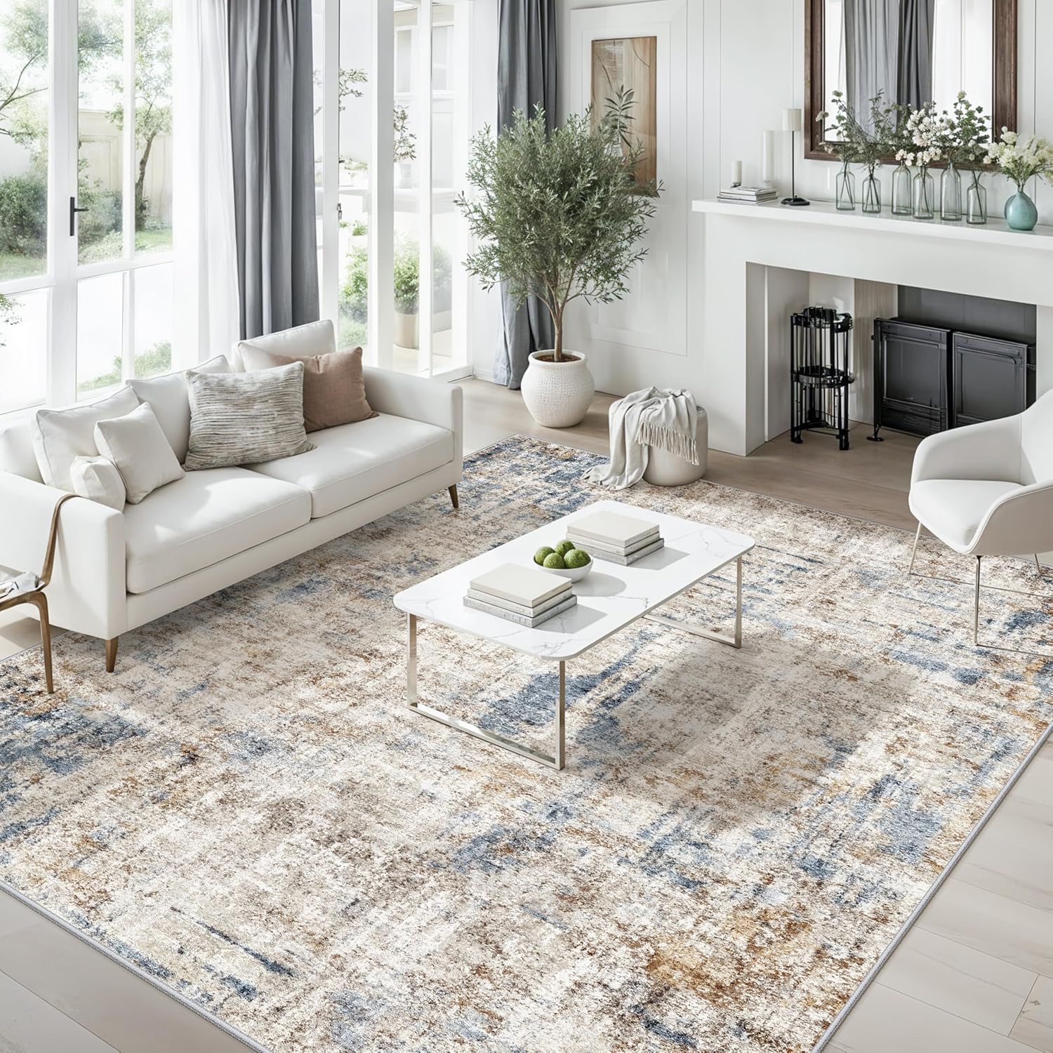 12x18 ft Extra Large Living Room Rug – Washable Modern Abstract Neutral Oversize Rugs for Bedroom,Dining Room,Family Room – Non-Slip Low-Pile Thin Stain-Resistant Carpet（Blue Brown）