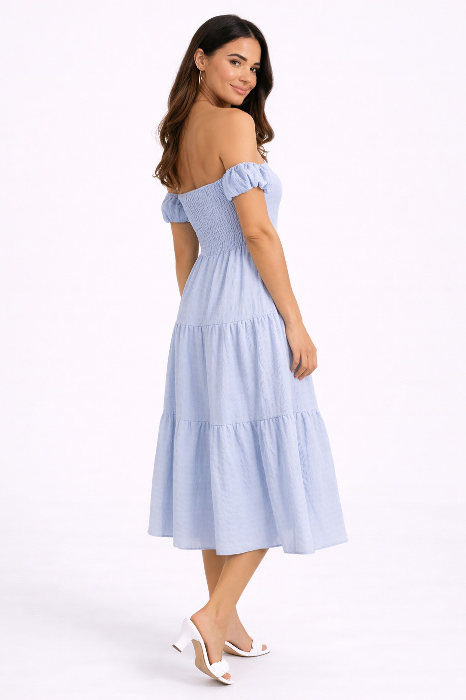 Cutie London Off Shoulder Shirred Tiered Maxi Dress