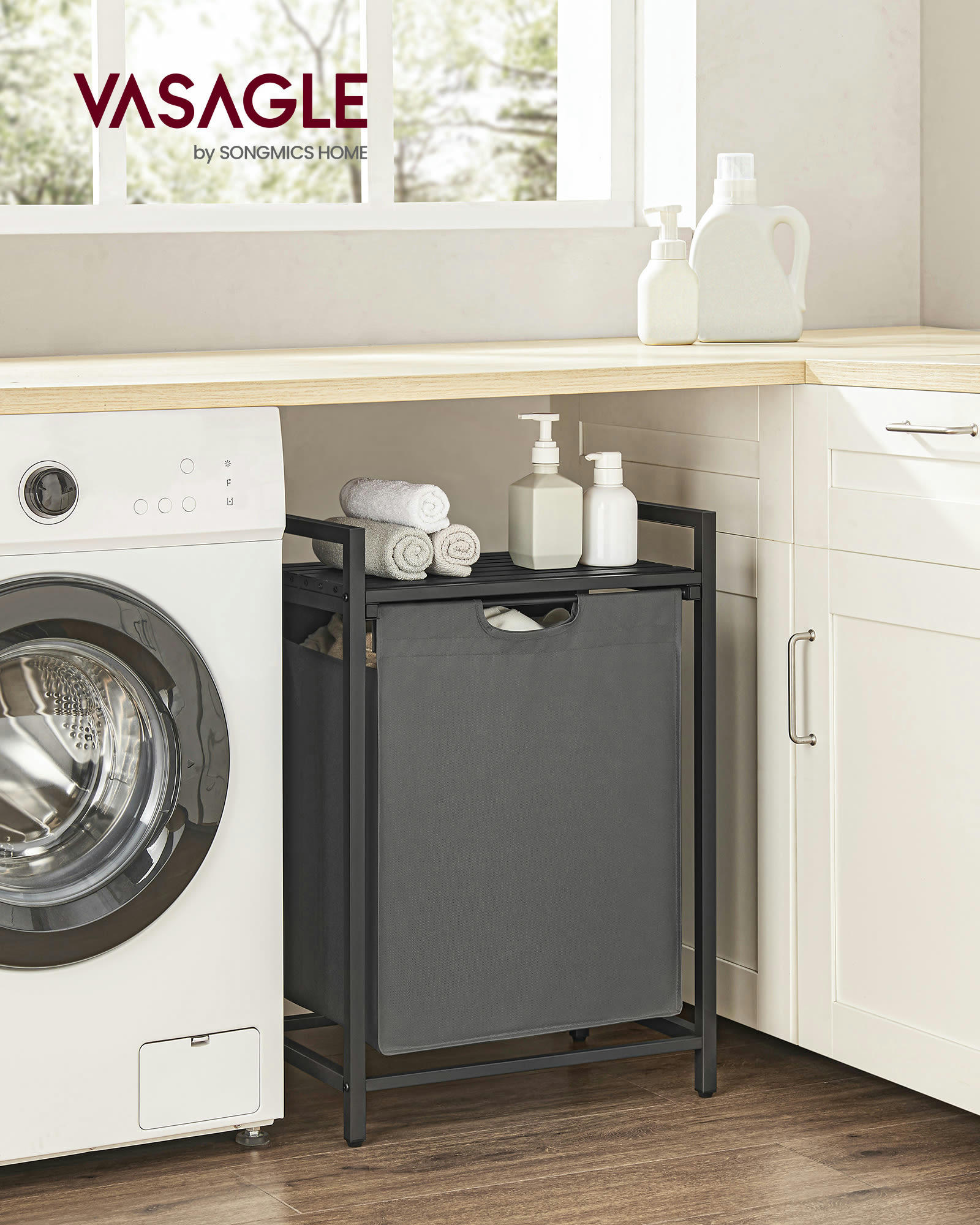 65L - Panier à linge moderne en plastique noir et gris