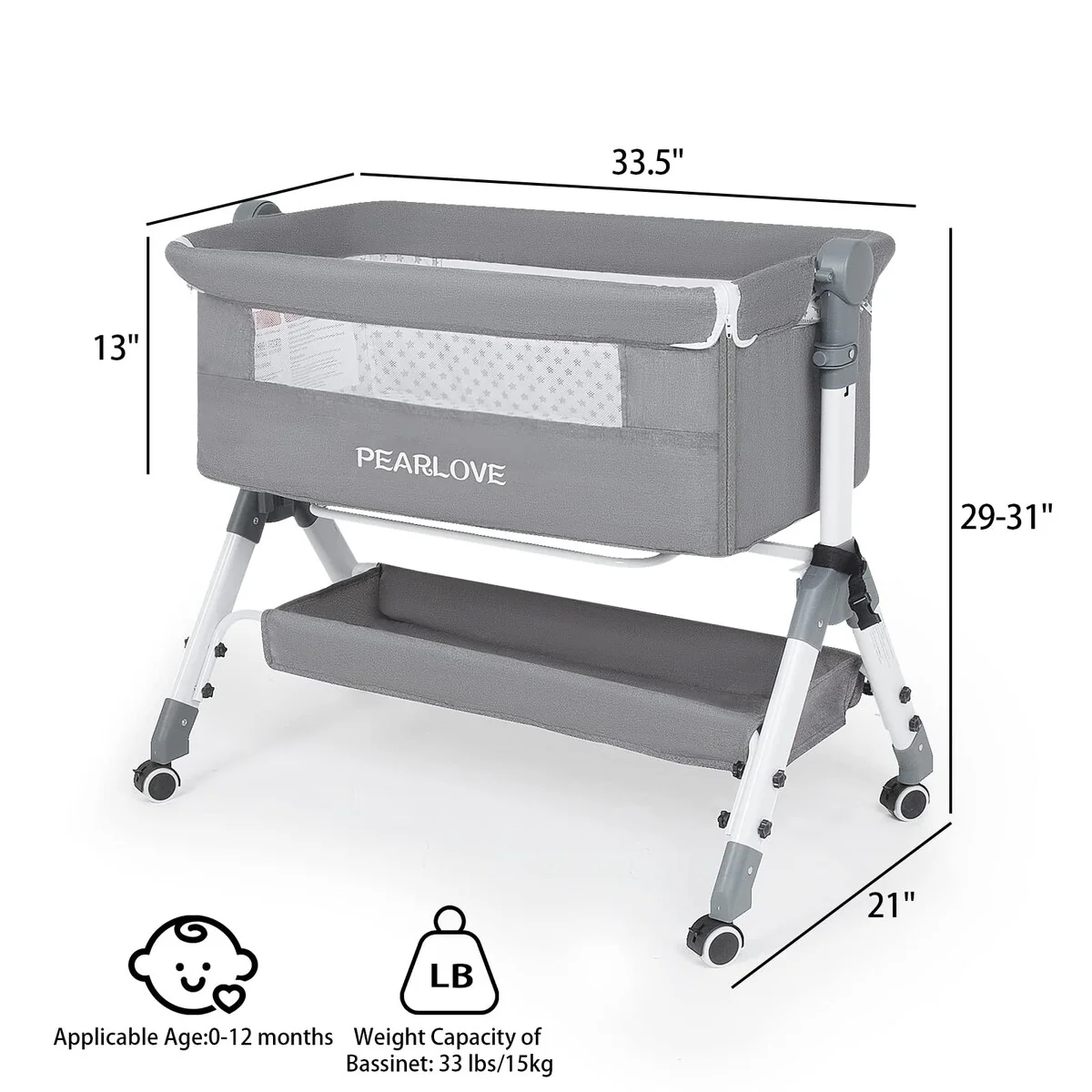Bedside Bassinet for Baby - Folding Crib with Storage Basket, Adjustable Height, Soft Mattress and Wheels - Bassinet