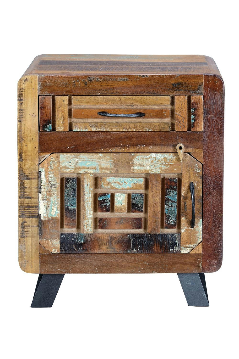 - Table de chevet en bois de manguier. noyer vieilli et gris