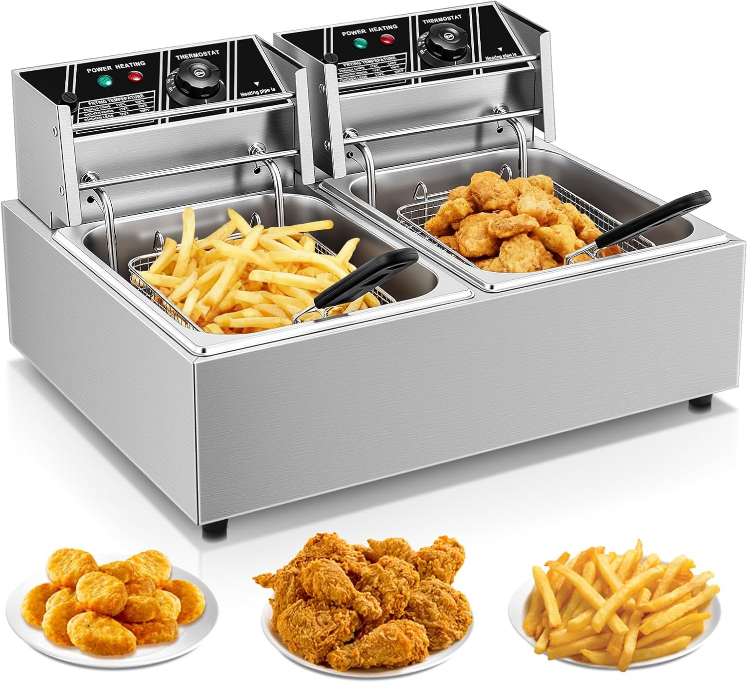 Commercial Deep Fryer, 3400W Electric Countertop Fryer with 2 Baskets & Lids, 22.8QT Dual Tank Stainless Steel Deep Fryer for Restaurant, Food Truck, Party