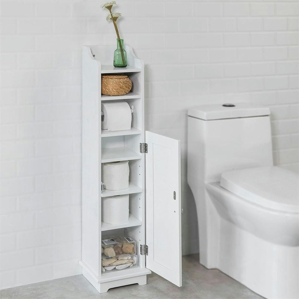 - Armoire toilettes blanche avec porte brosse sur pieds effet bois