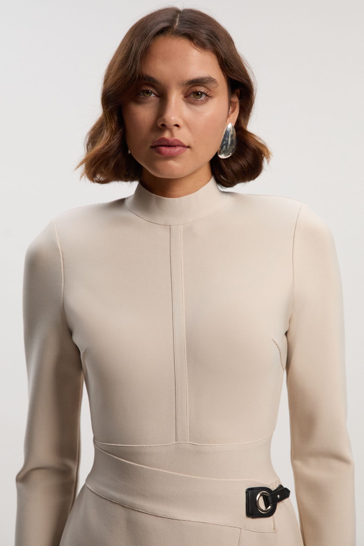 KarenMillen Petite Figure Form Bandage Asymmetric Long Sleeve Knit Midi Dress