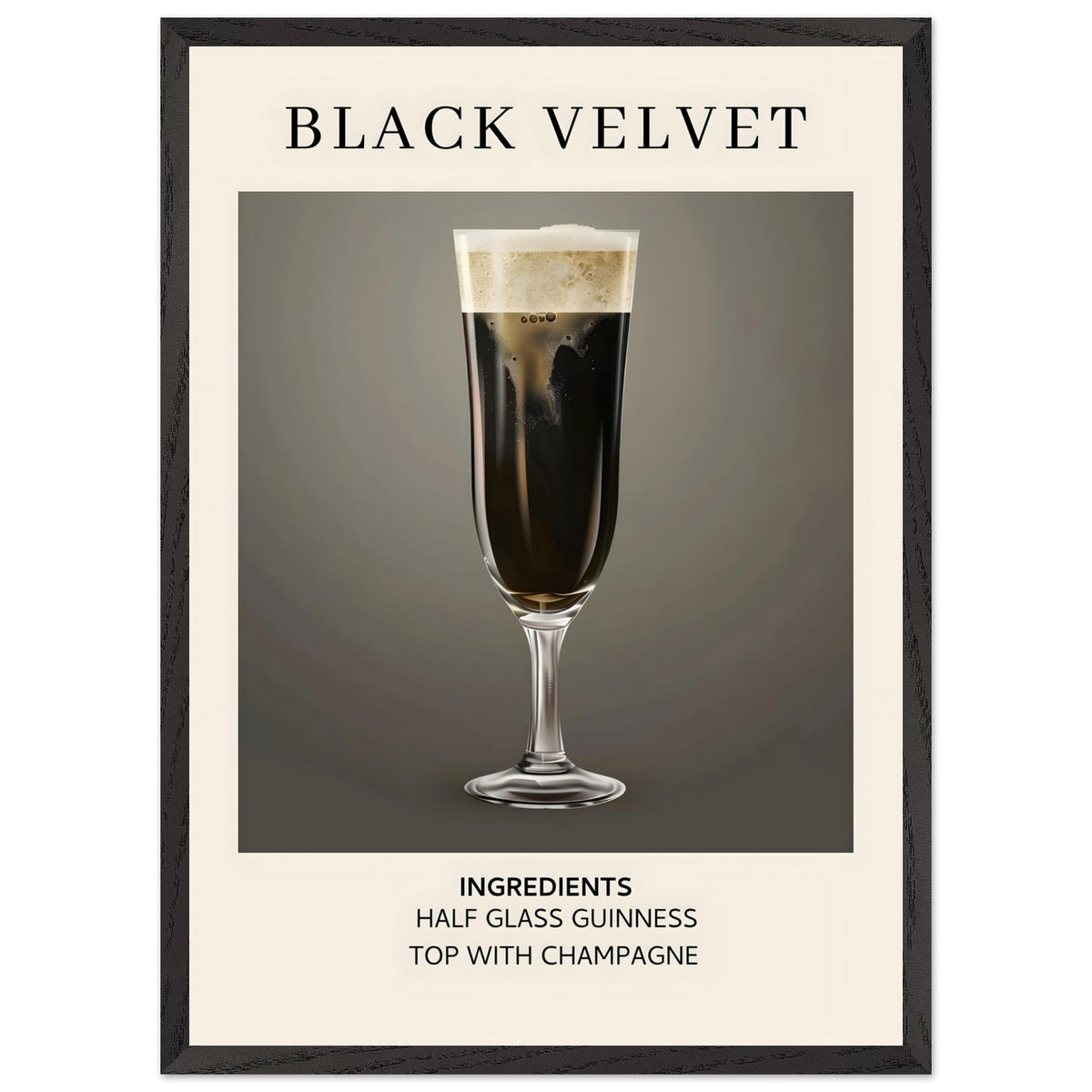 Artfulprints Poster met Lijst Black Velvet cocktail - Ingrediënten  - 50x70 cm - Zwart / Wit