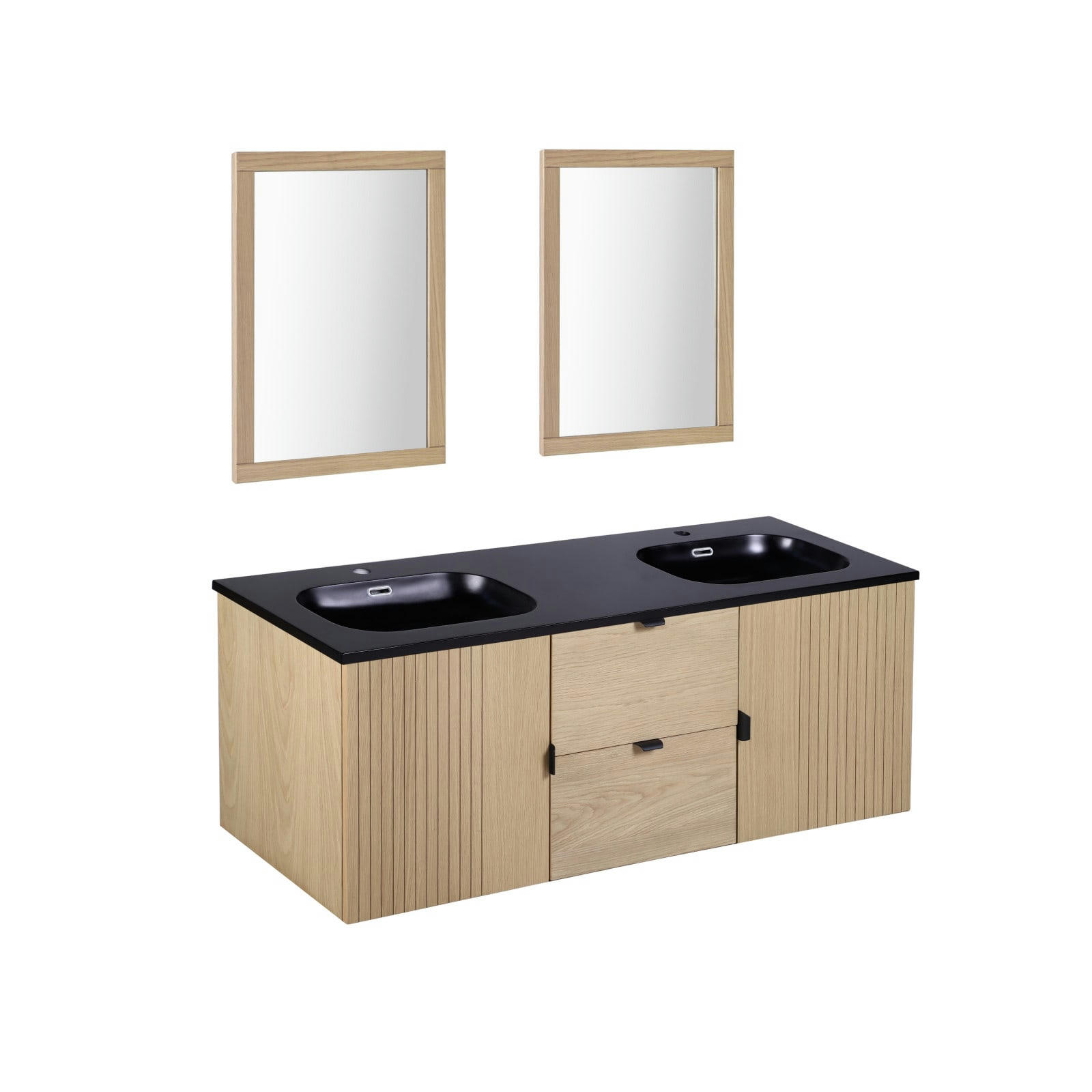 STUDIO - Meuble double vasque 140cm chêne STUDIO suspendu + miroir carré