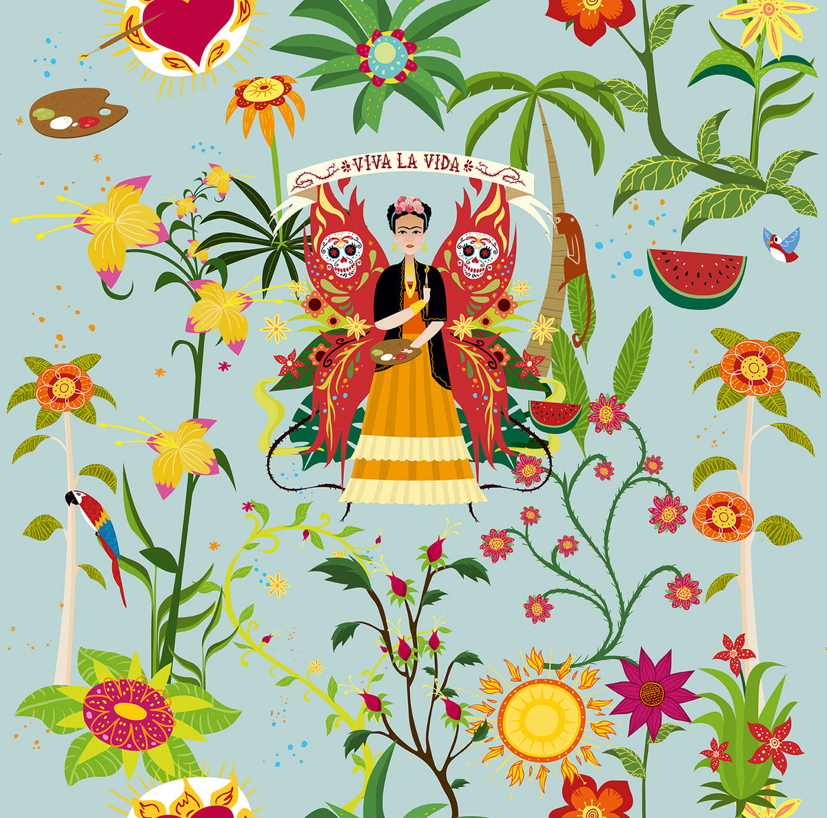 Walls4You behang tropische bladeren en bloemen lichtblauw en meerkleurig - 53 cm x 10 m - 640124