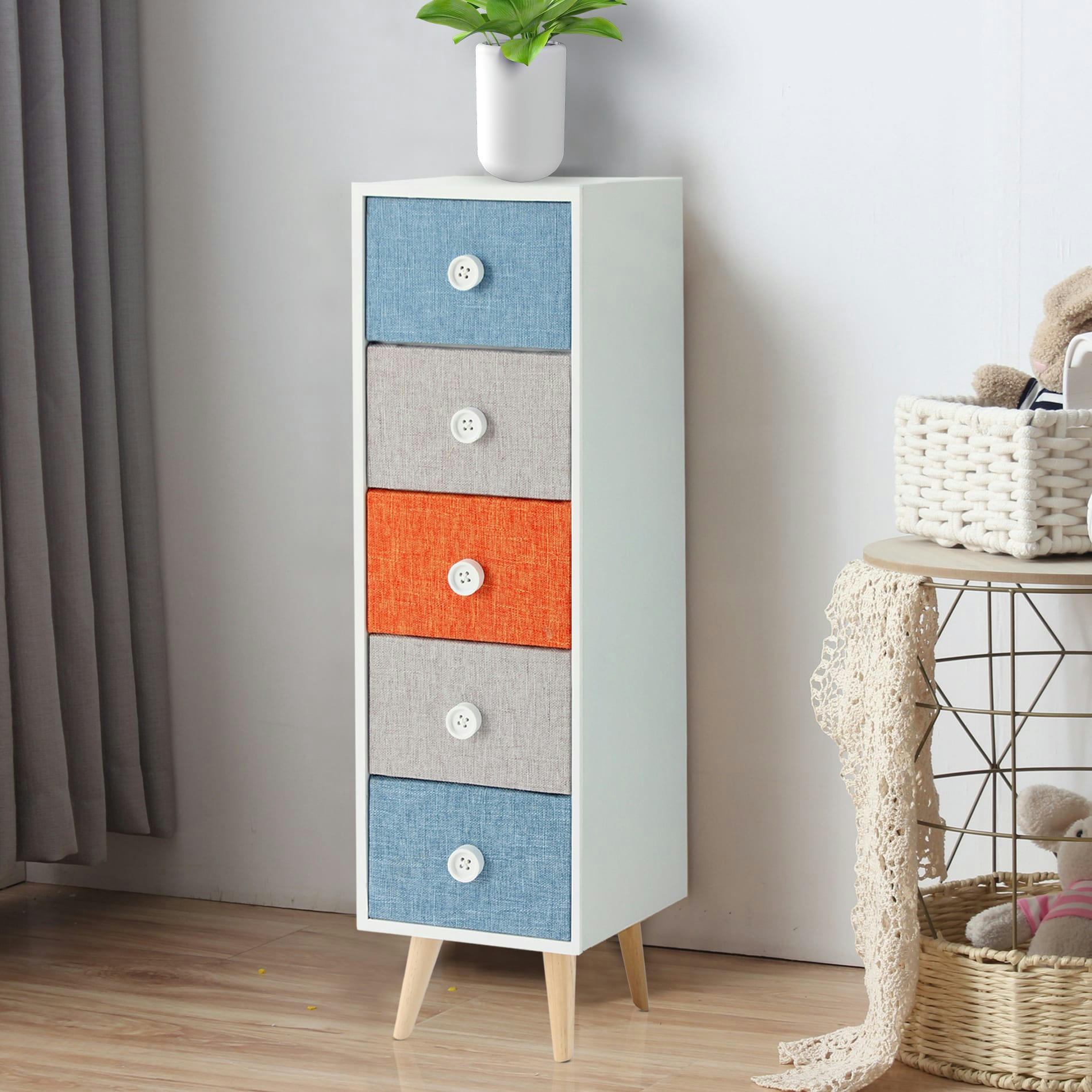- Chiffonnier boutons avec 5 tiroirs en MDF et  tissu blanche et coloré
