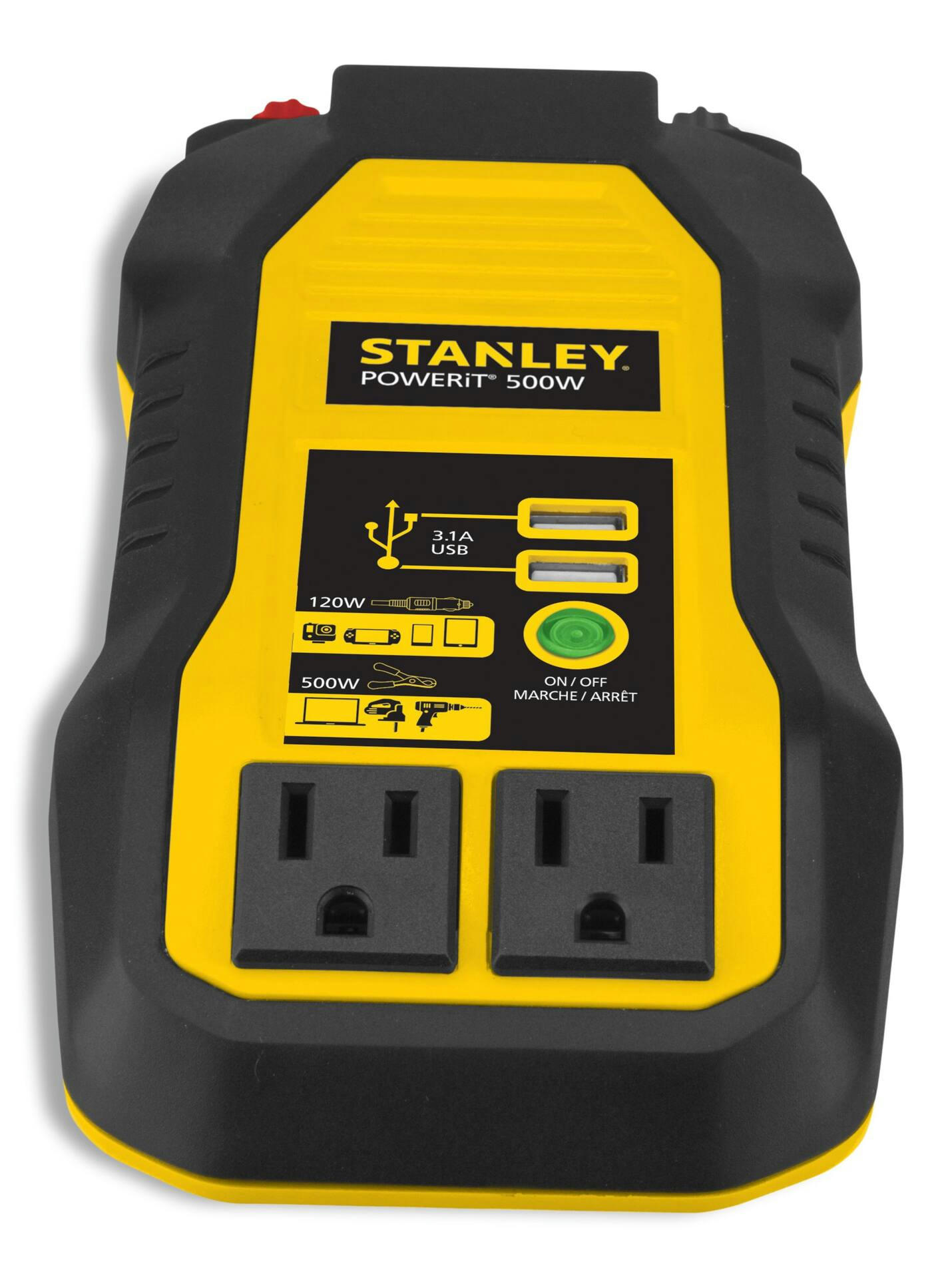 Stanley 500W Inverter & Power Outlet with Battery Clamps, USB Ports, 12V DC Adapter