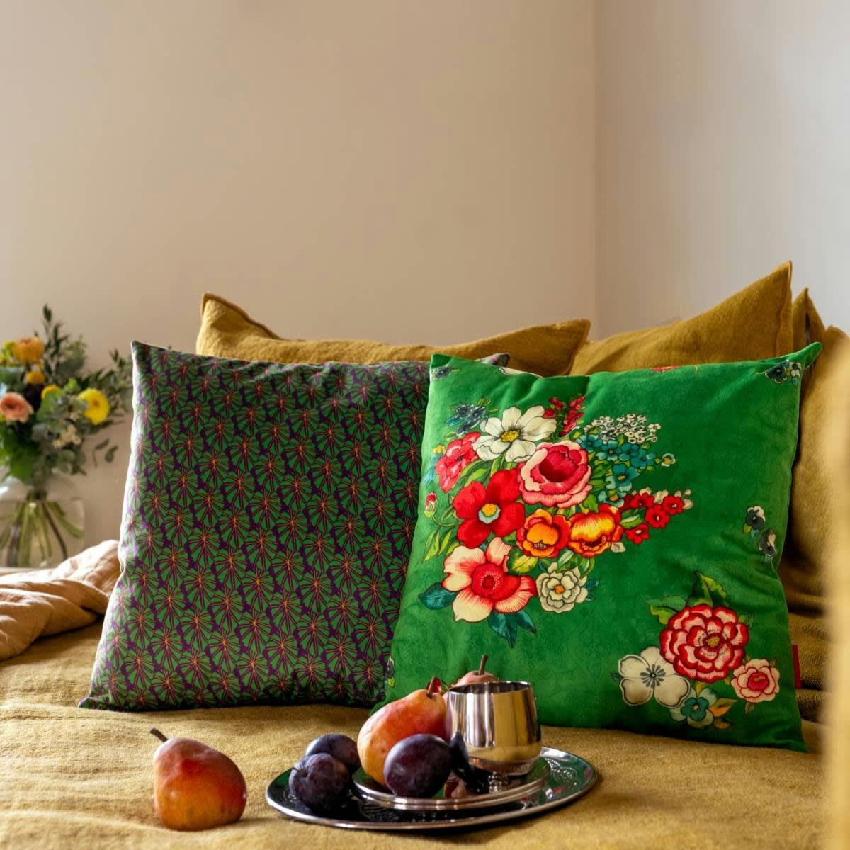 - Housse de coussin velours imprimé graphique vert 45x45 cm
