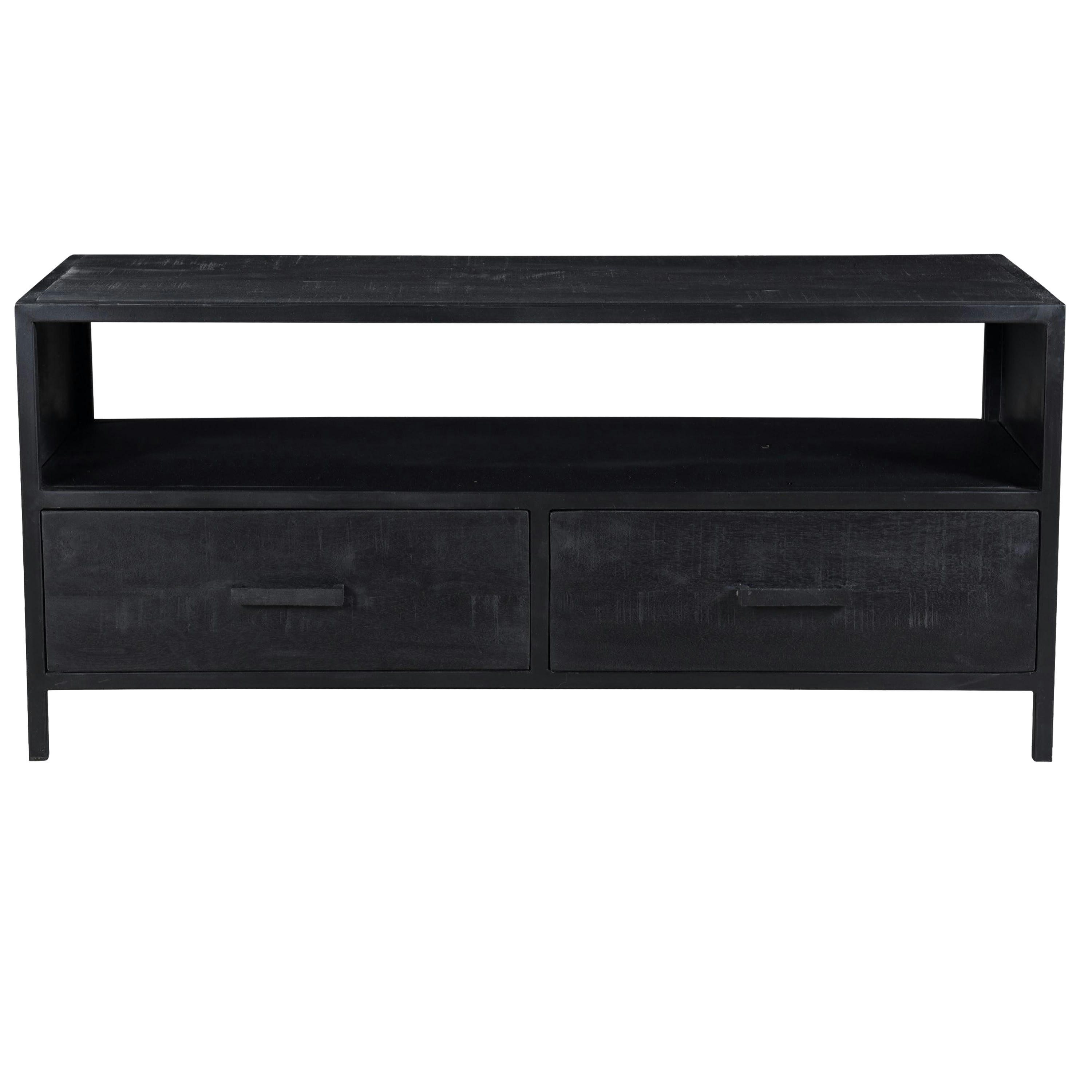 UZES - UZES-Meuble TV 2 tiroirs, L120 cm en Manguier teinté noir et métal