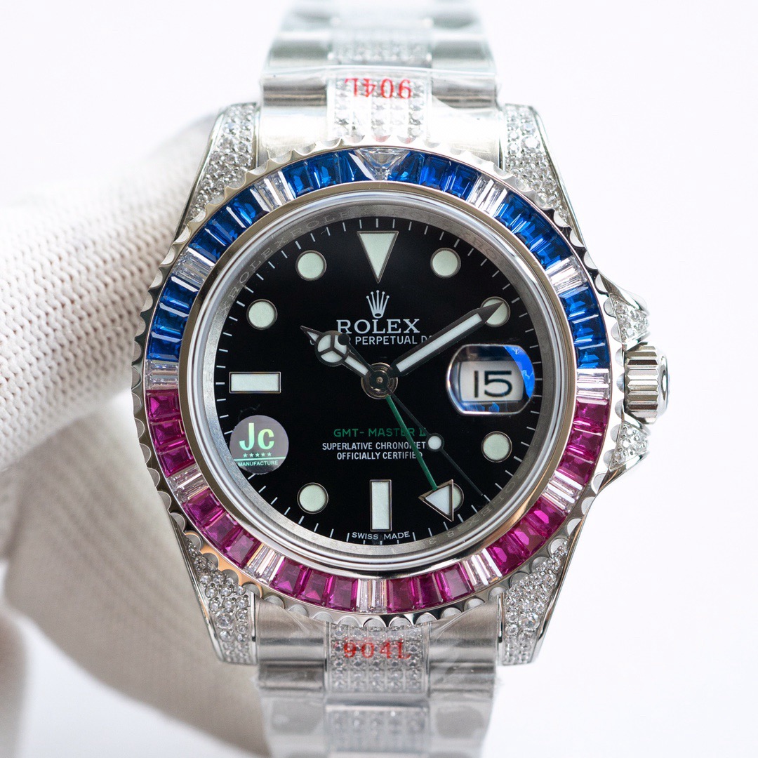 -Rolex GMT-Master II 18K White Gold Gem-Set Bezel and Case Watch -11