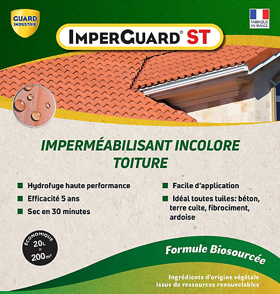 Imperméabilisant Toit Incolore Haute Performance Formule Végétale ImperGuard Spécial Toit Toute Tuile 5ans Sec 30 min 20L 200m2