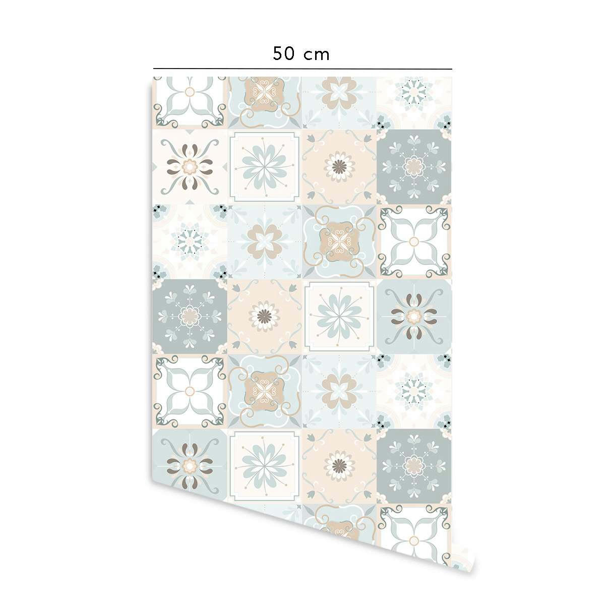 VINTAGETILES - Papier peint vinyle adhésif carreaux vintage crème et menthe 50x300 cm