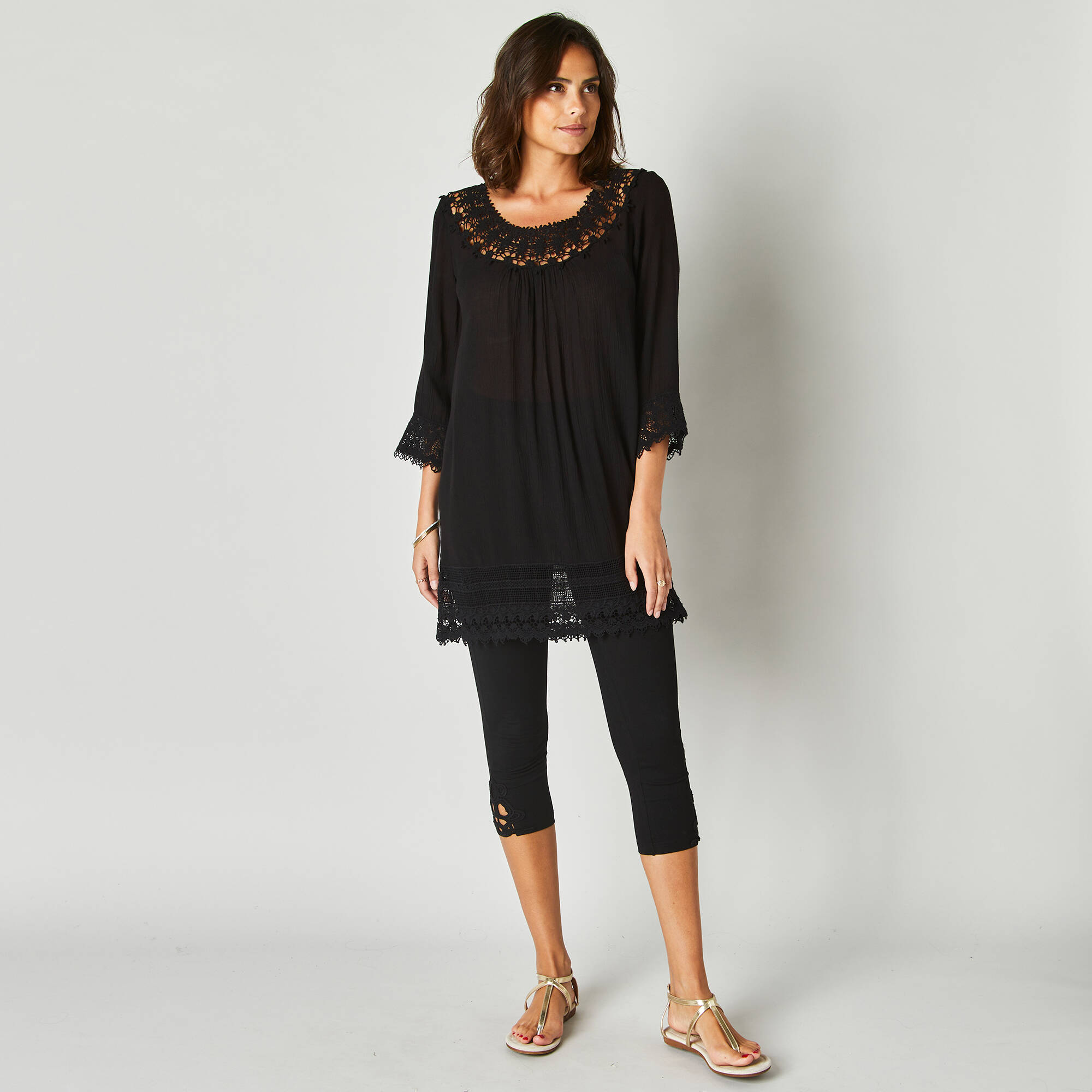 Tunique macramé manches 3/4, crépon