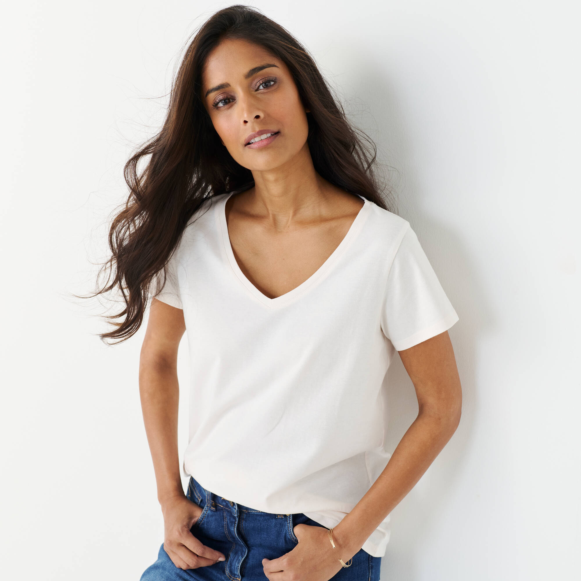 T-shirt col V uni manches courtes, coton