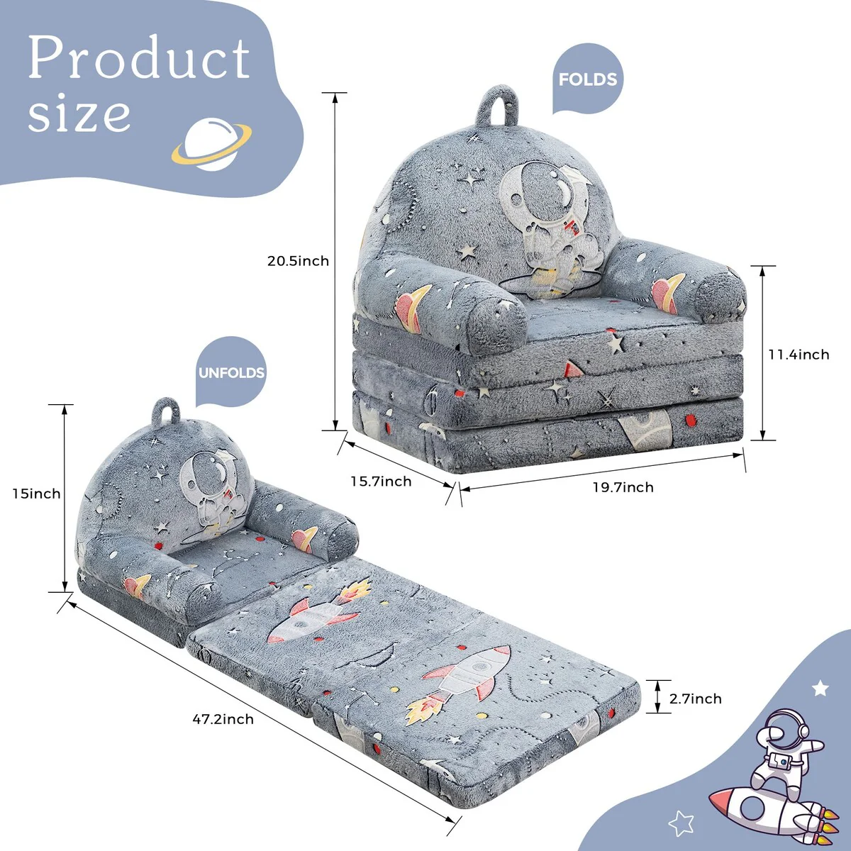 Glow in Dark Flip-out Sofa Chair, 2-in-1 Convertible Chair to Lounger for Kids