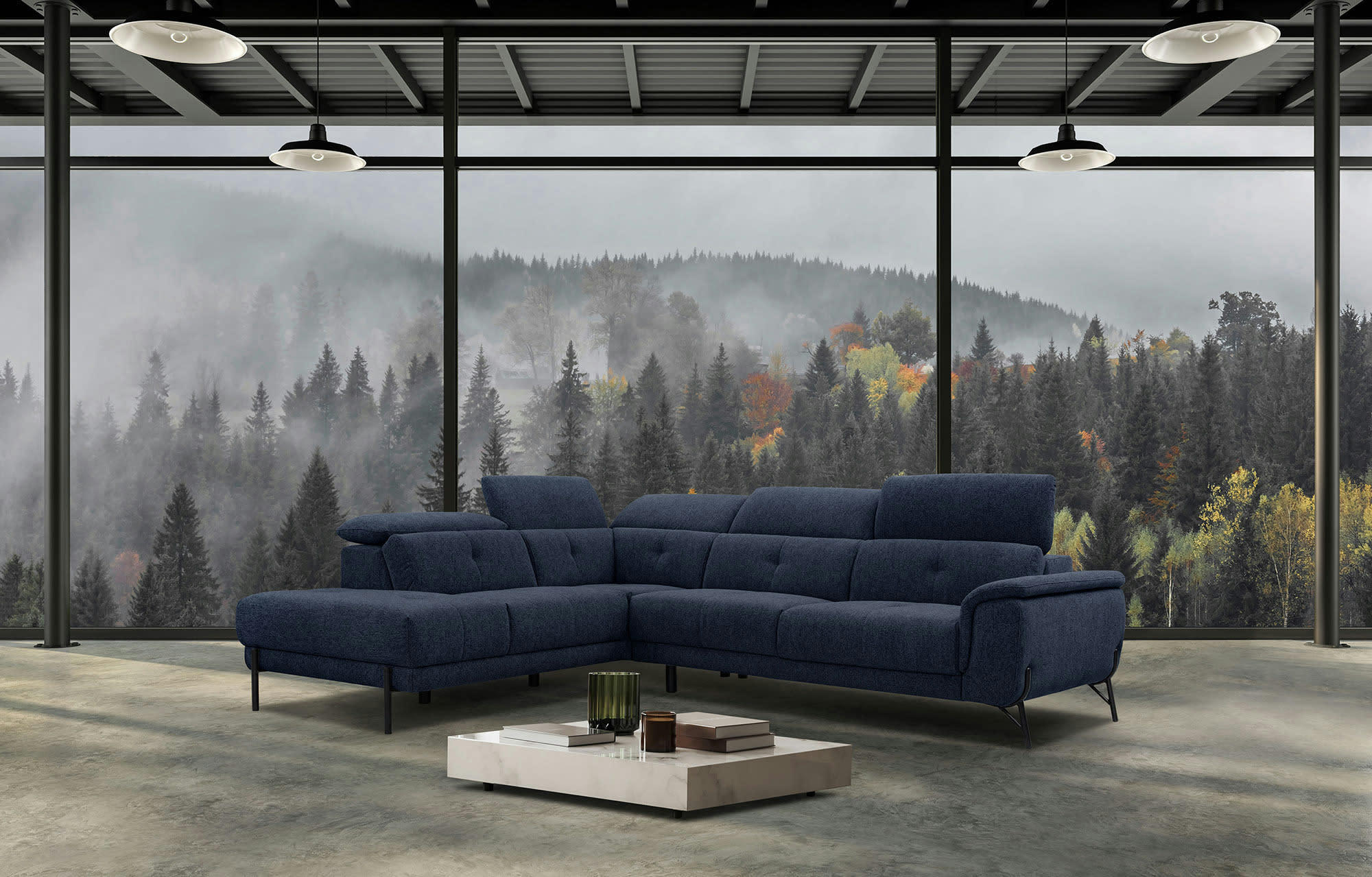 AVENA - Canapé d'angle gauche  5 places en tissu bleu foncé