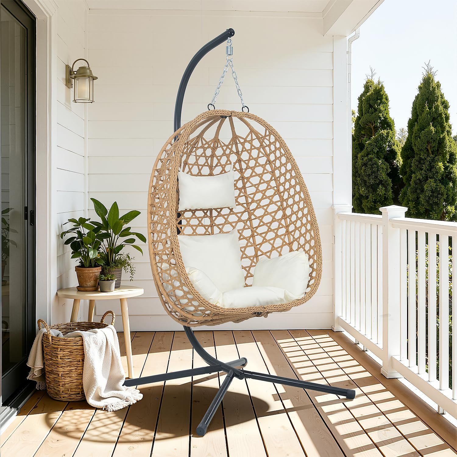 EortheX Hanging Egg Chair with Cushions – Comfortable Rattan Swing Chair with Stand for Patio, Garden, or Balcony – Stylish and Relaxing Outdoor Lounge Chair, 350LBS Capacity Indoor Outdoor (Beige)