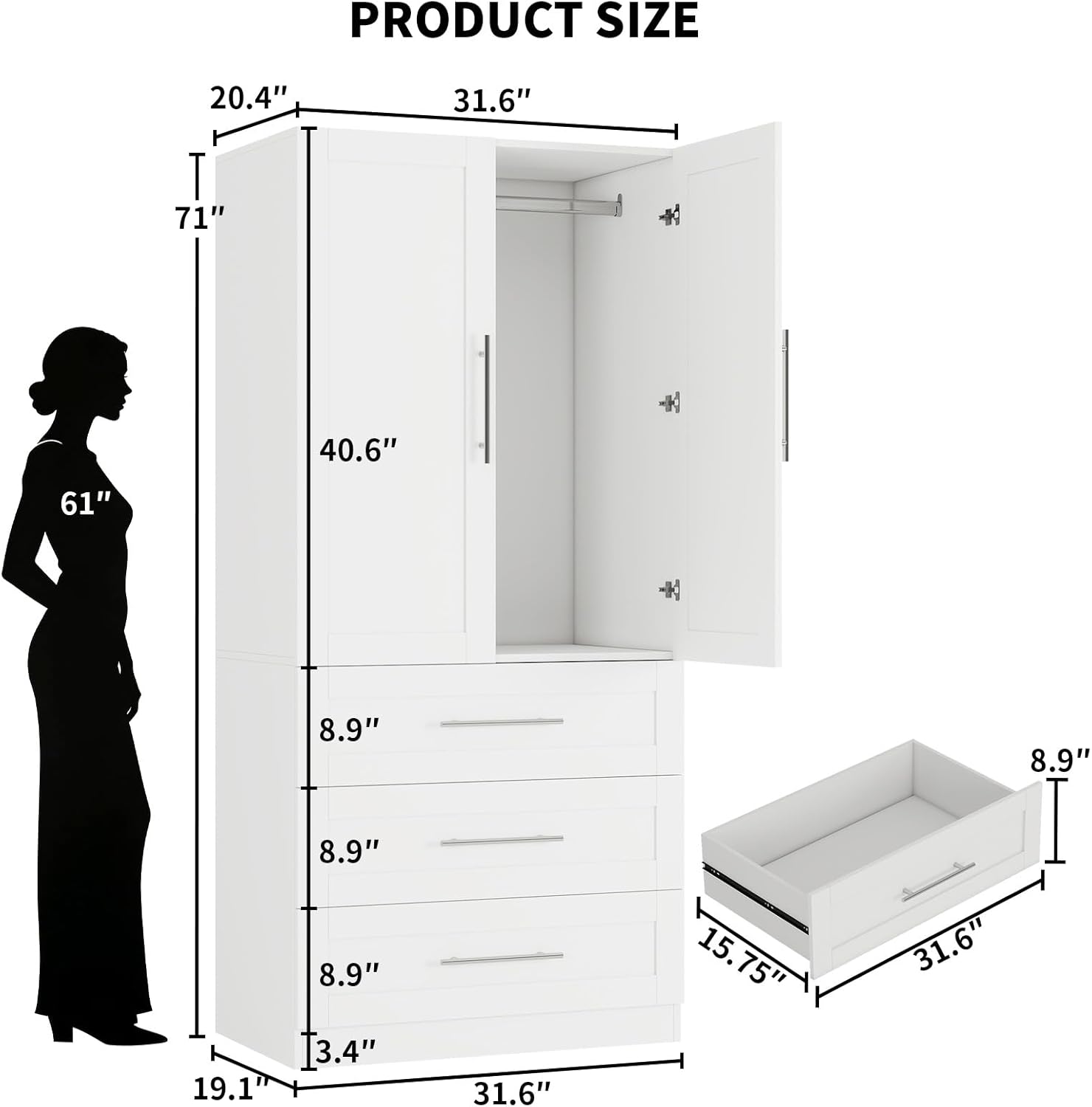 fastgo Armoire Wardrobe Closet with 3 Large Deep Drawers, 71 Tall Bedroom Armoires with 2 Doors & Hanging Rod, 20.4 Extra Deep Wood Wardrobe Cabinet, White, Single Wardrobe