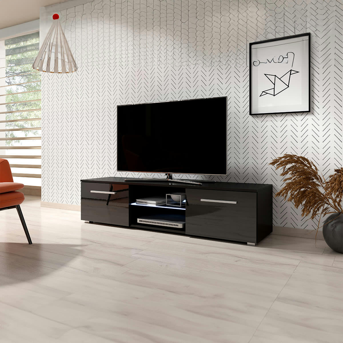 - Meuble tv 2 portes 140 cm avec led noir