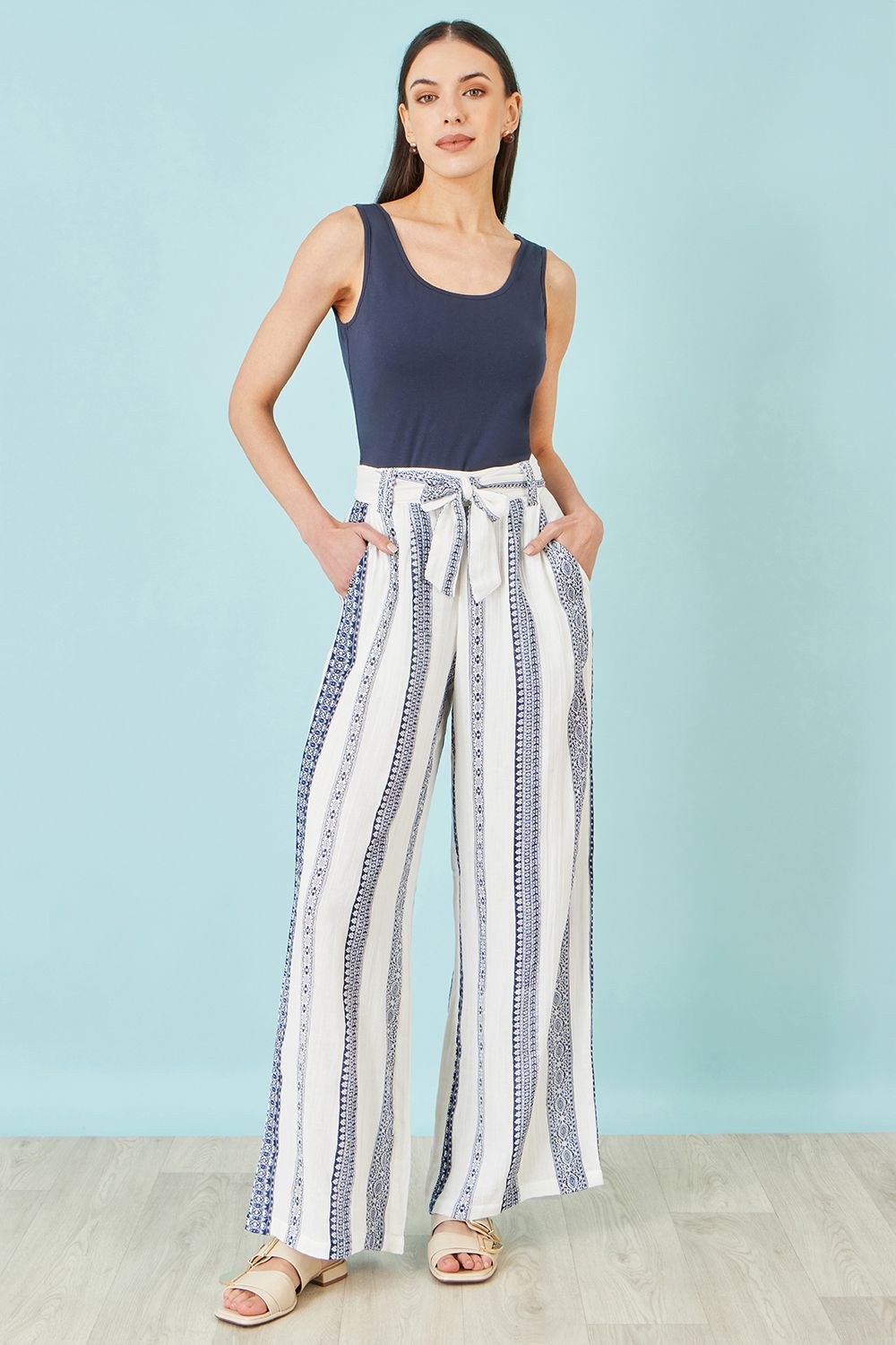 Yumi Linen Mix Cropped Trousers With Tie Belt