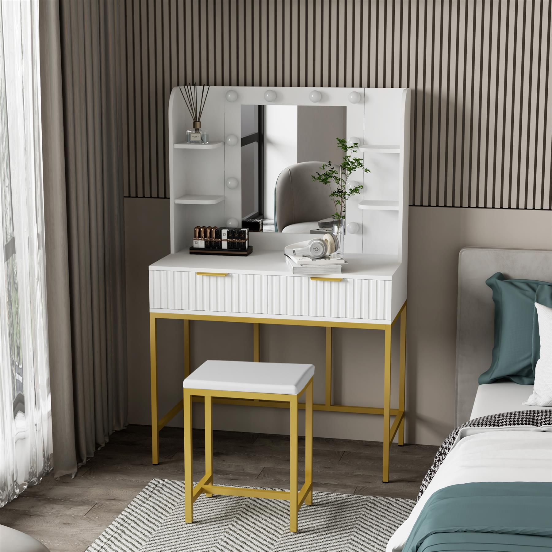 KOSY KOALA Dressing Table Set with Bulb Lights Mirror, Side Shelves and Stool - White and Gold - Hollywood Style