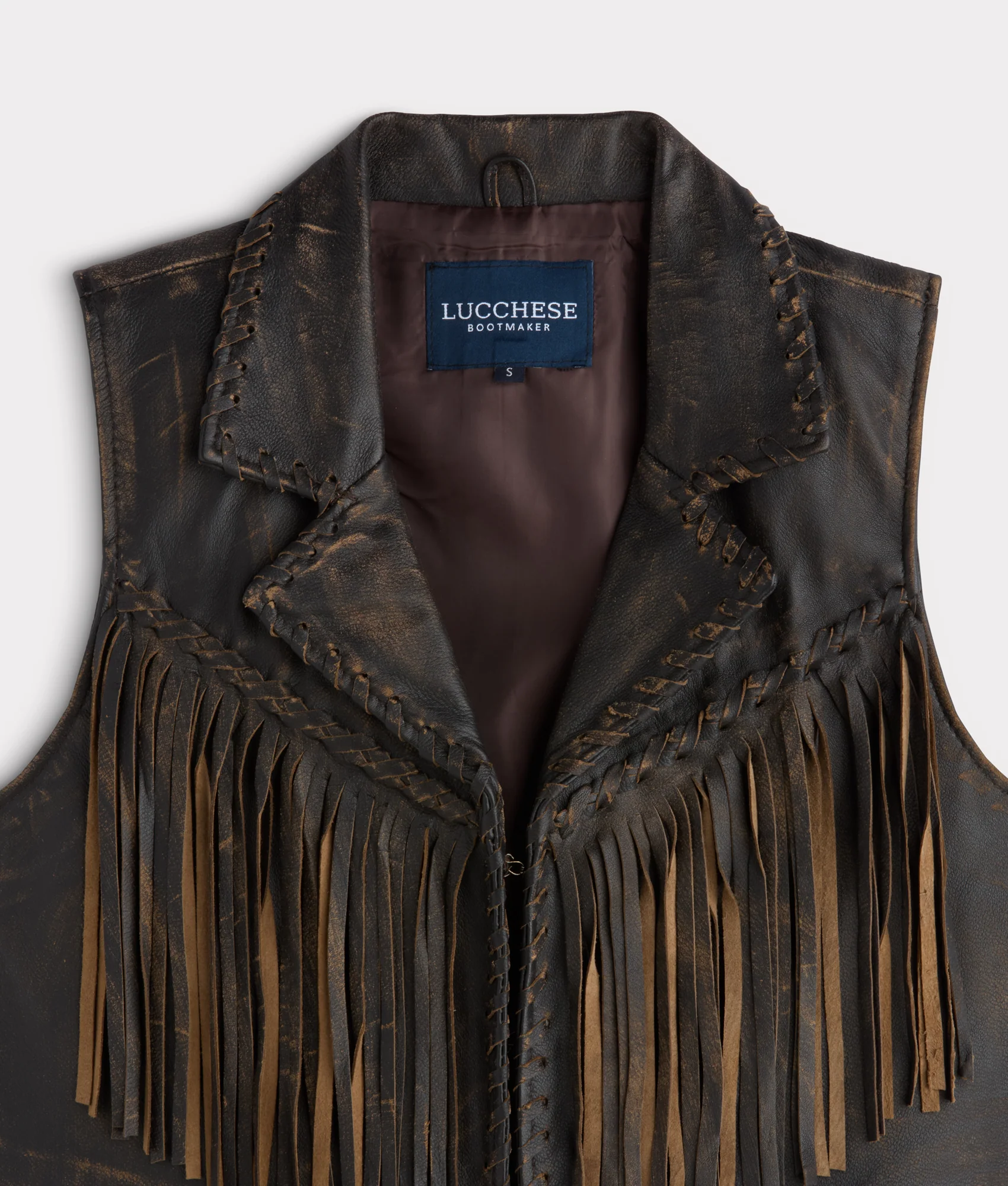 Estelle Distressed Fringe Leather Vest - Brown