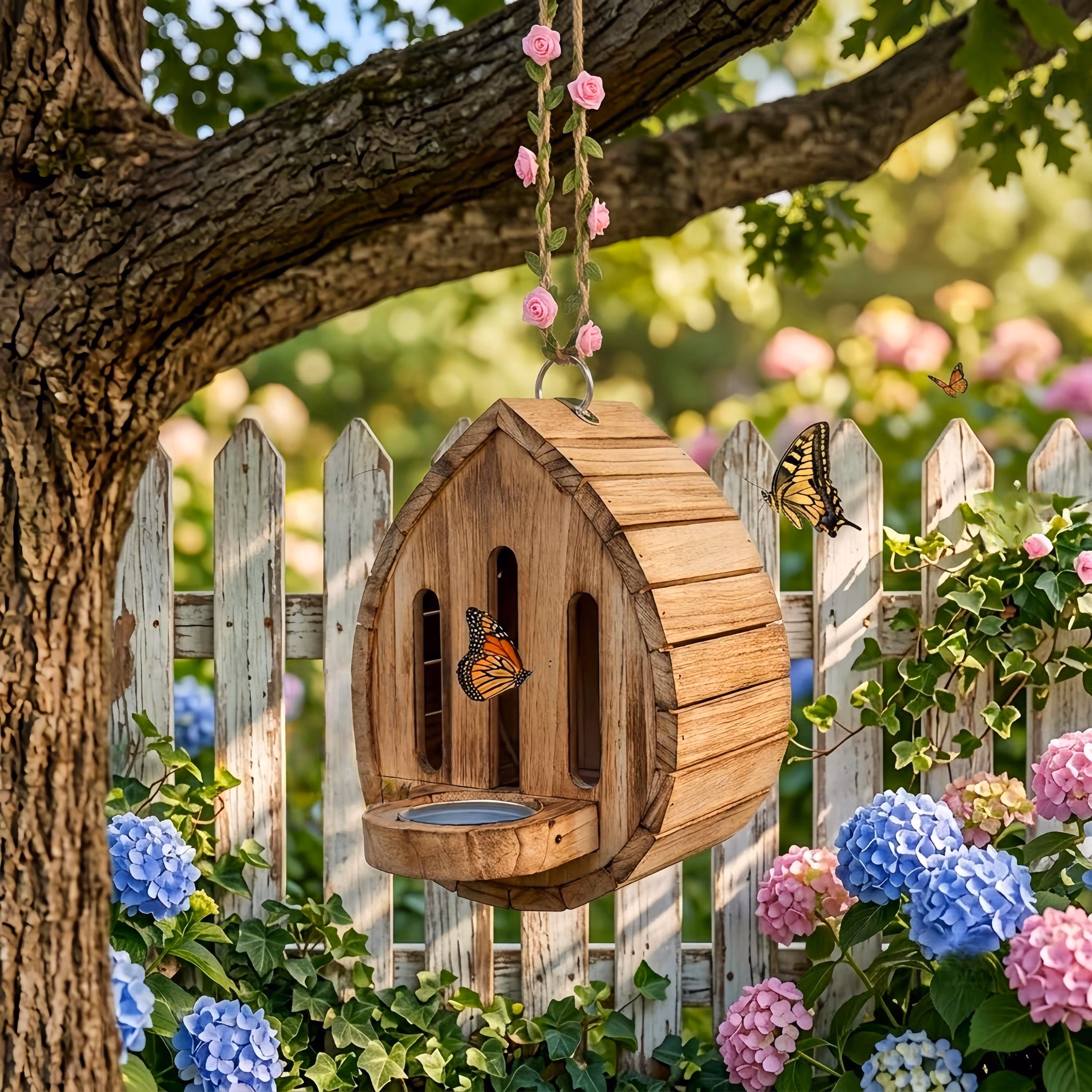 Hanging Wooden Butterfly House with Floral Vine Rope, Butterfly Feeder for Garden Pollinators, Patio Decor Gift, Butterfly Lover Gift