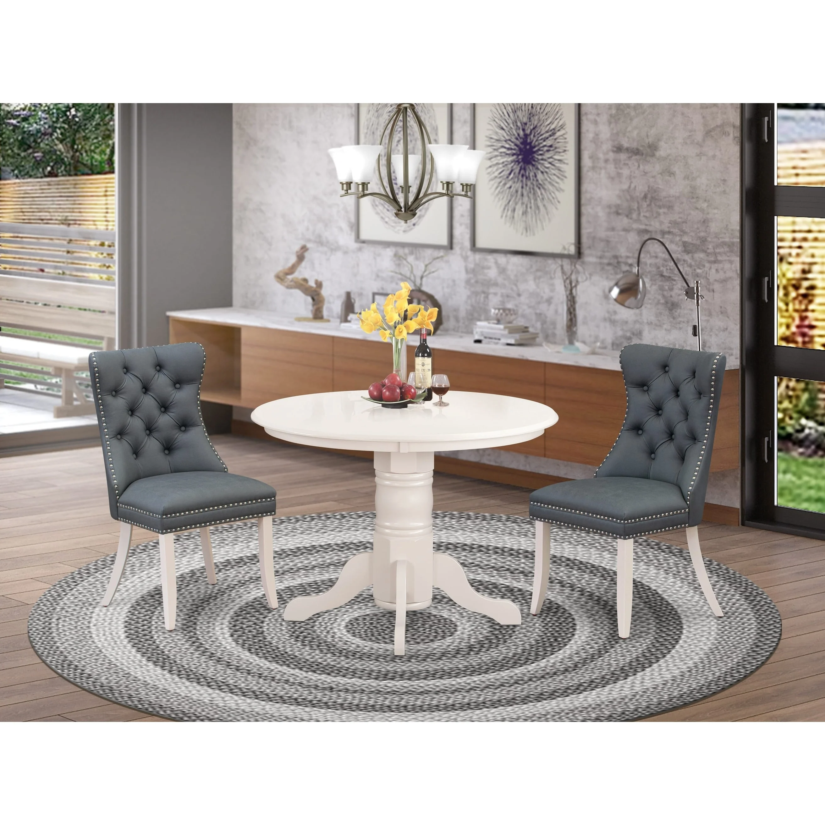 East West Furniture Kitchen Table Set Consists of a Round Dining Table and Upholstered Chairs, Linen White (Pieces Options)