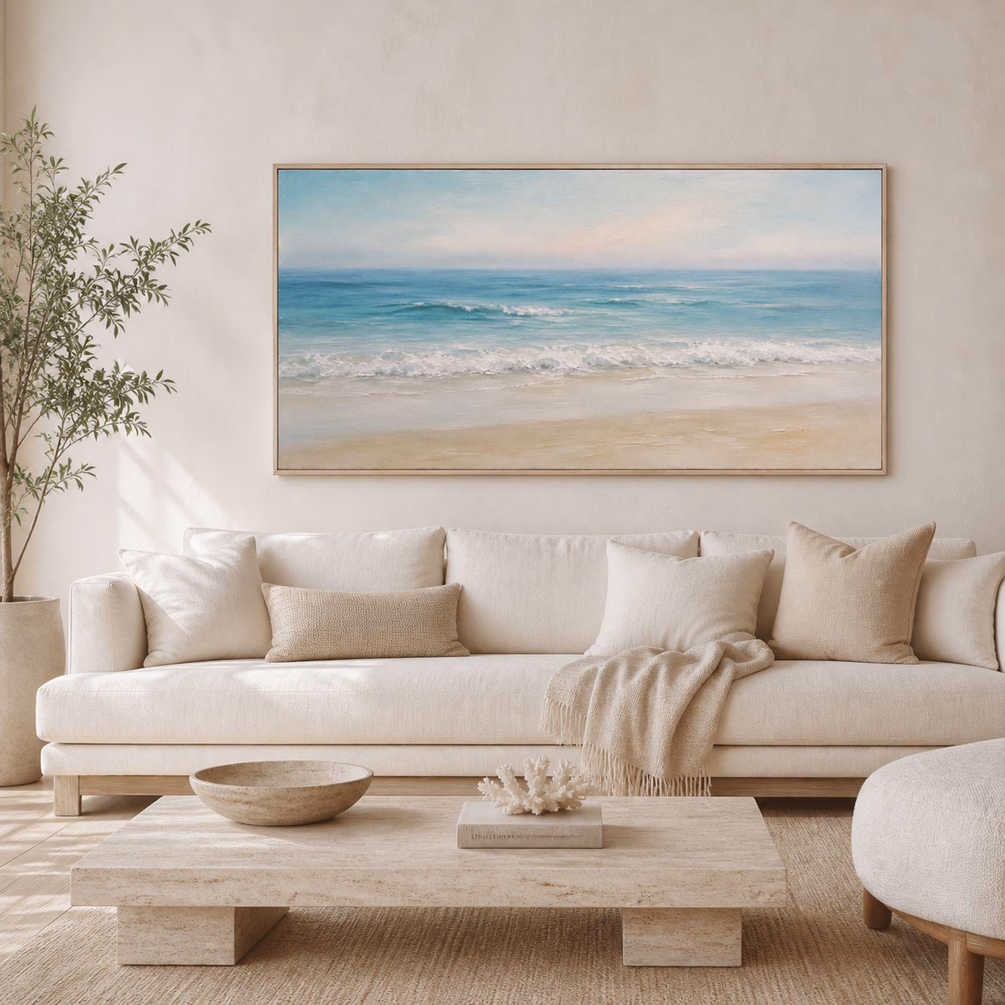 Pastel Blue Ocean Art, Blush Sky Coastal Seascape, Panoramic Beach Decor