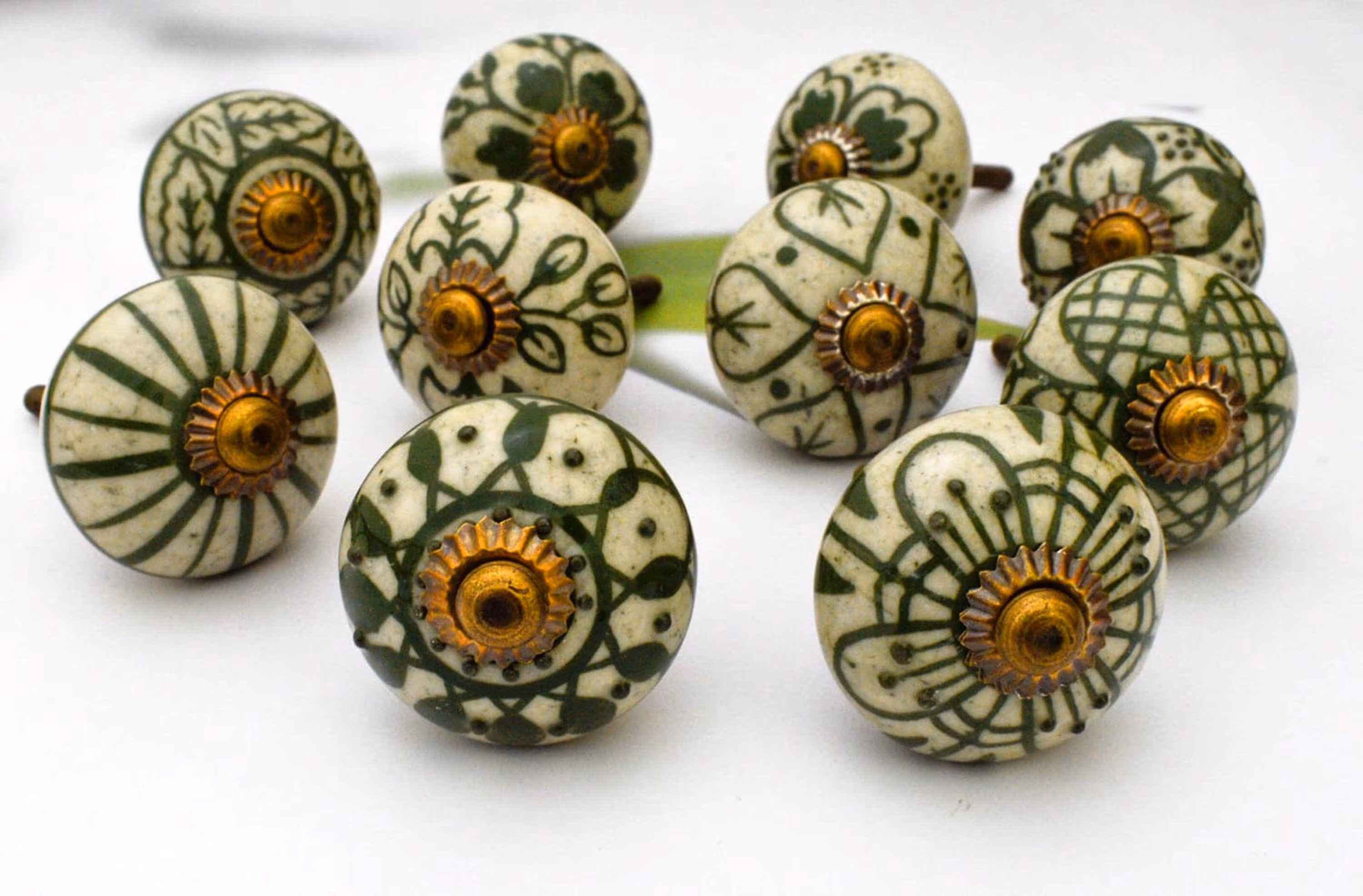 ARTISNO Green Floral Ceramic Cabinet Drawer Pull /Knobs Hand Painted /Use for Cupboard And Wardrobe Door/ Kitchen cabinet pull SET OF 10