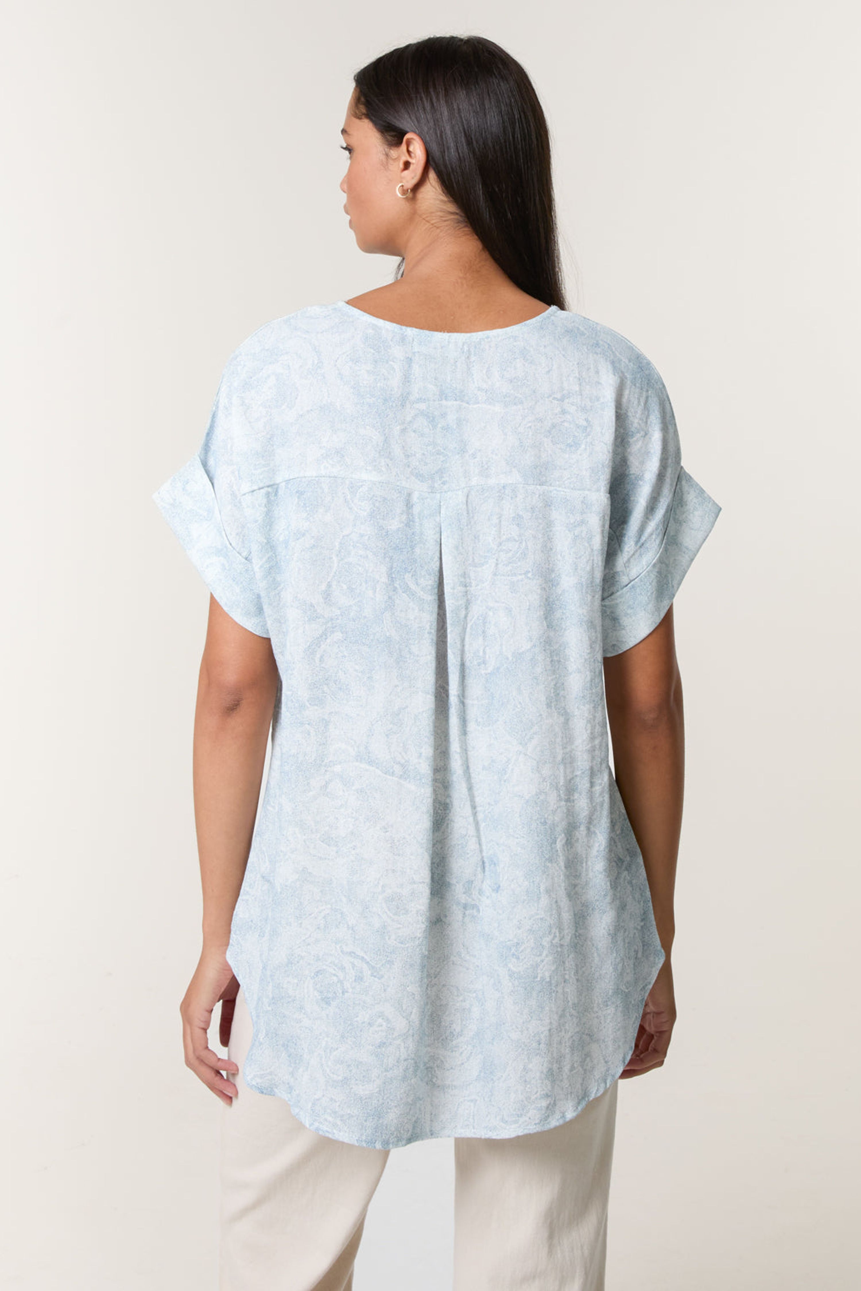 Blue Vanilla Blue Printed V Neck Button Top
